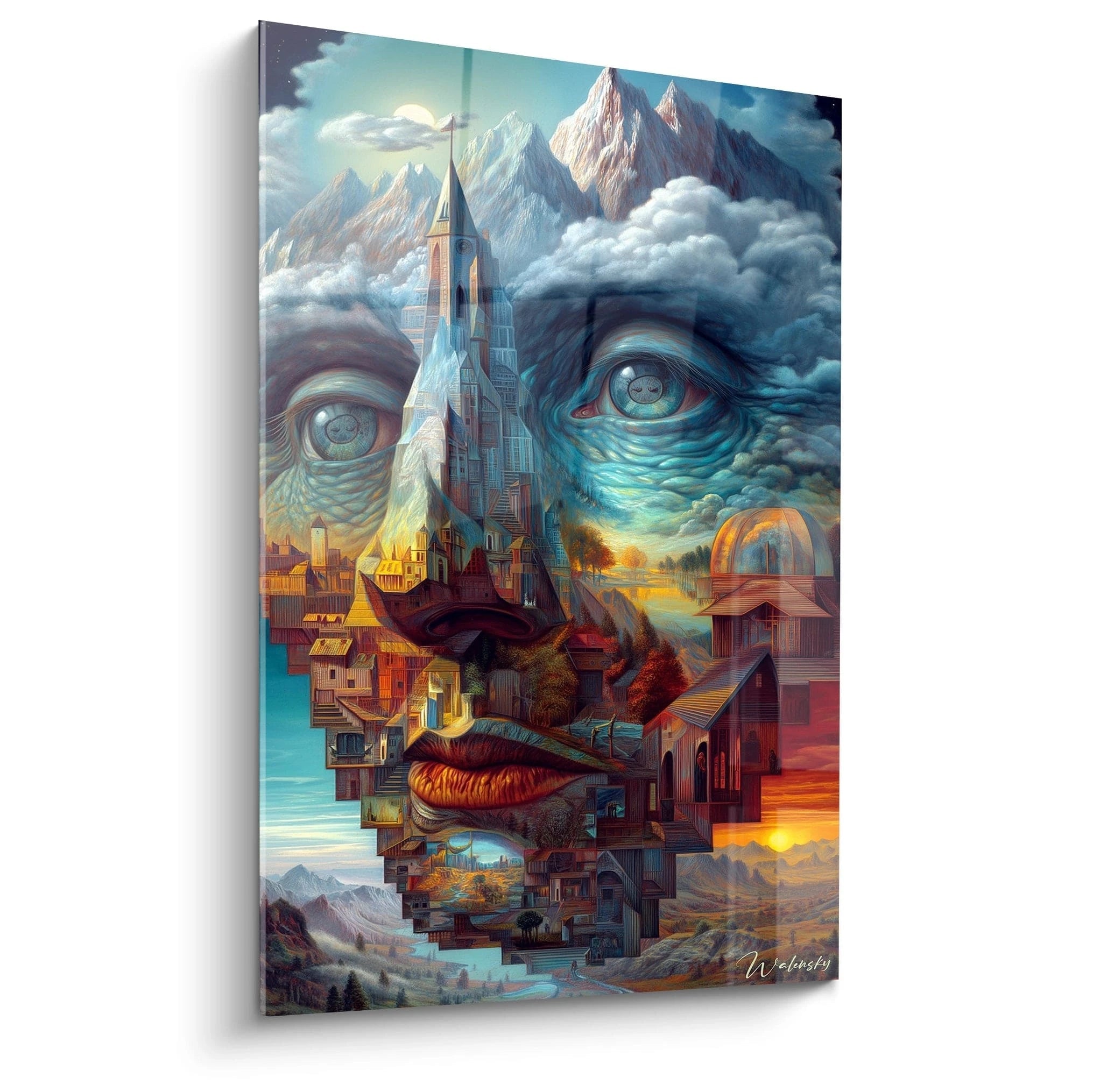 Walensky tableau visage surréaliste mural montrant un visage formé de montagnes nuages maisons yeux et lèvres