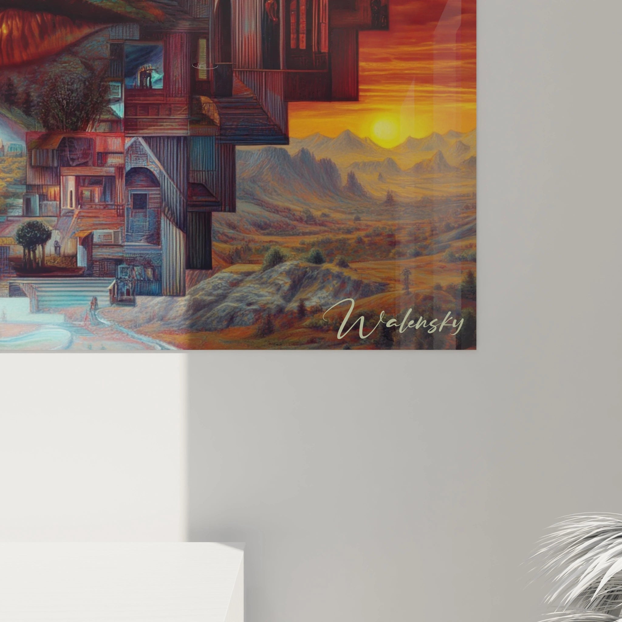tableau visage surréaliste Walensky mural coloré signé paysage au coucher de soleil détail architectural