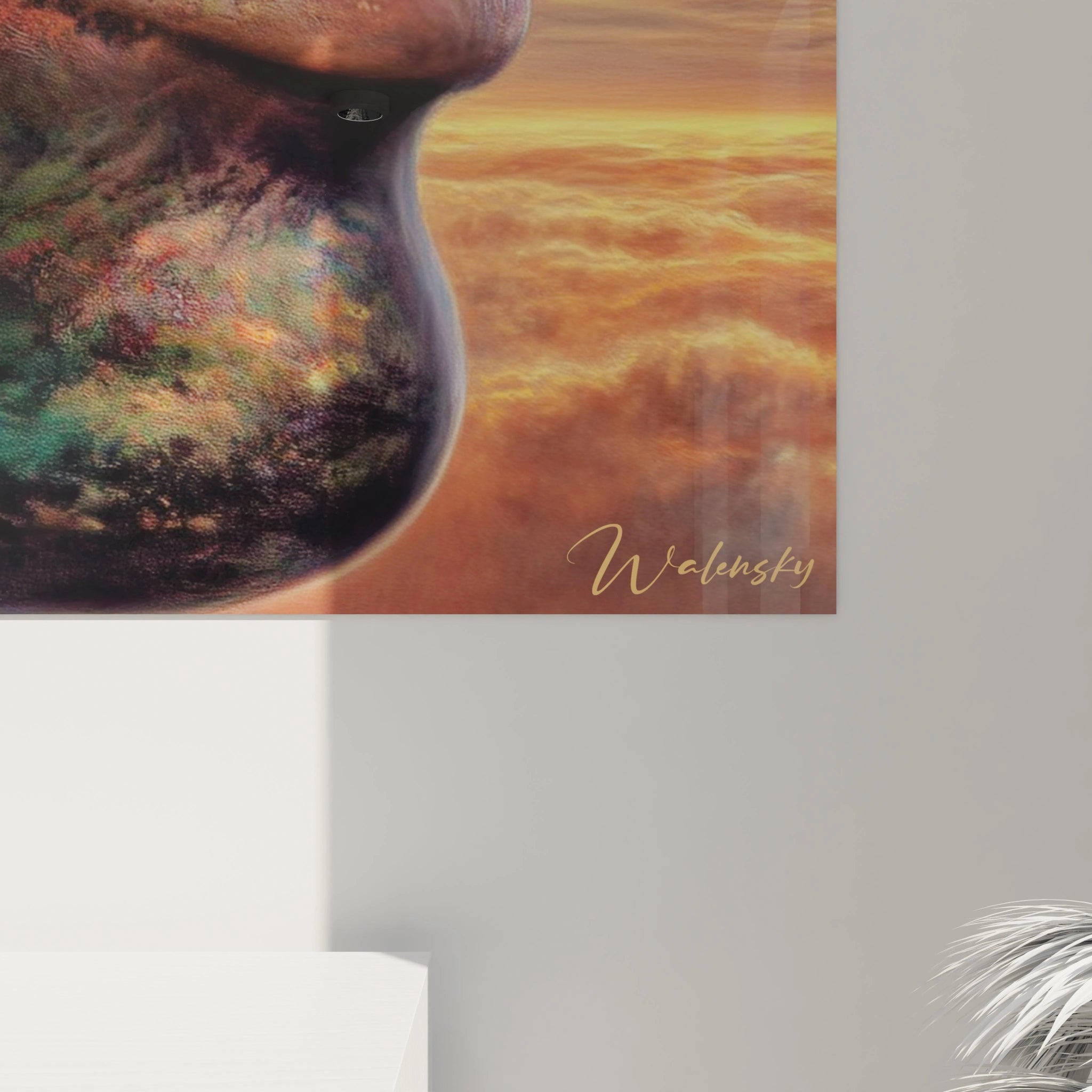 Tableau mural Walensky tableau surréaliste visage architectural coloré et texturé sur fond de ciel doré