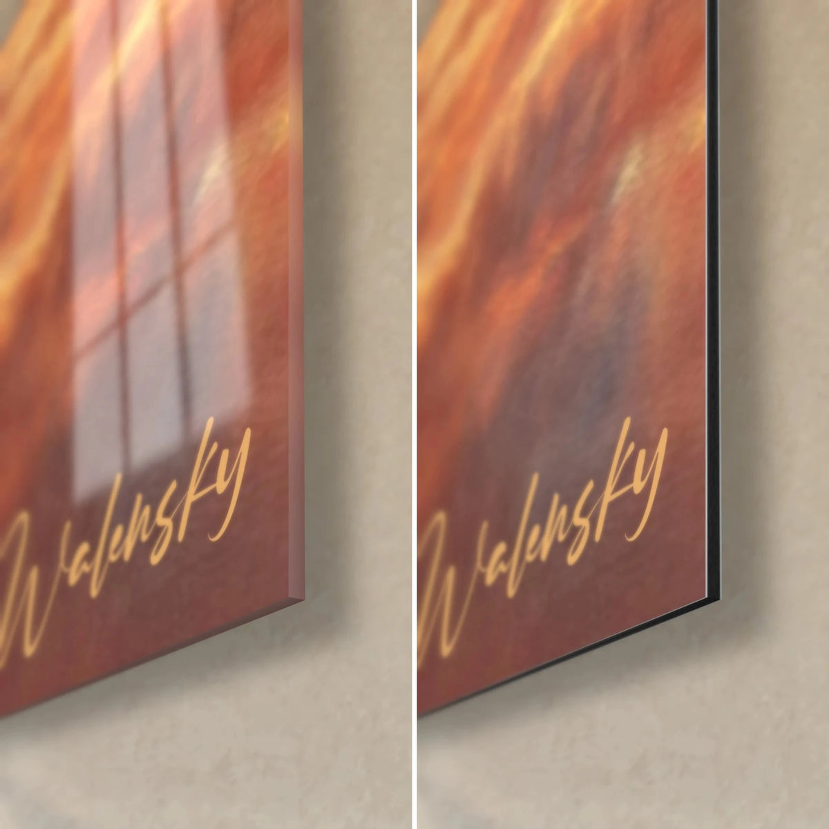 Gemälde Gesicht im Profil vor orangefarbenen Wolken, untere rechte Ecke: glänzendes Acrylglas mit Fensterspiegelung, mattschwarzes Dibond-Aluminium, 3 mm Kante