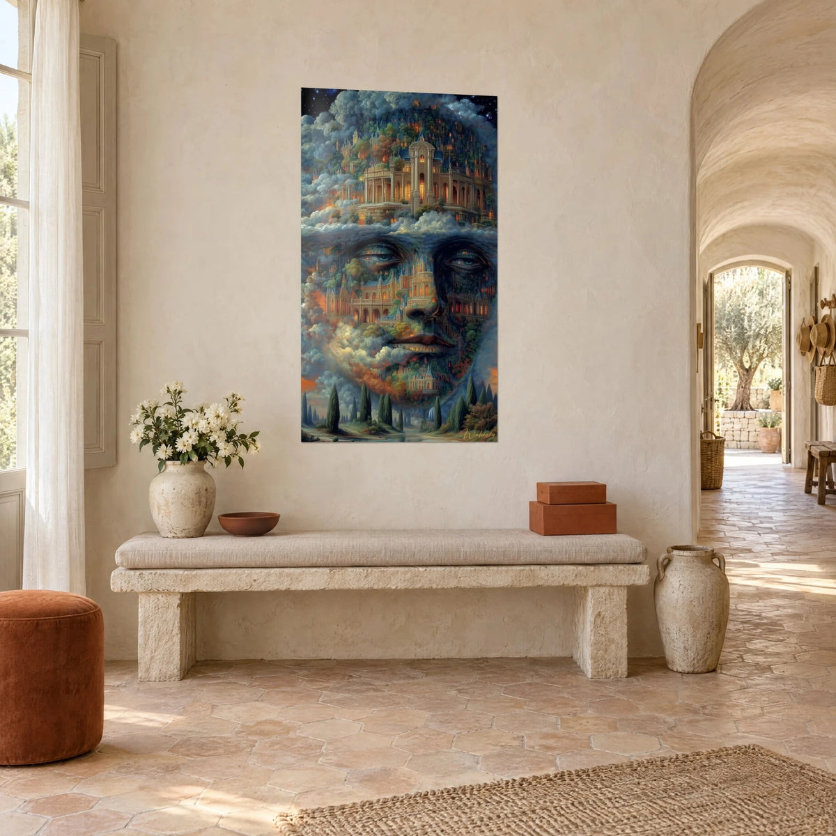 Quadro ritratto surrealista con occhi e naso di facciate di castello in ocra e blu, nel corridoio a volta del mas provenzale