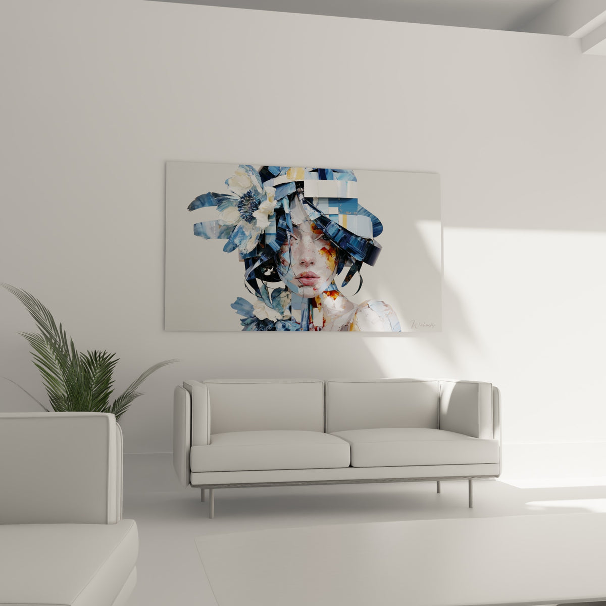 Visage éclaté en bandes bleues et blanches, touches ocre sur la peau, au-dessus d'un canapé dans un salon lumineux