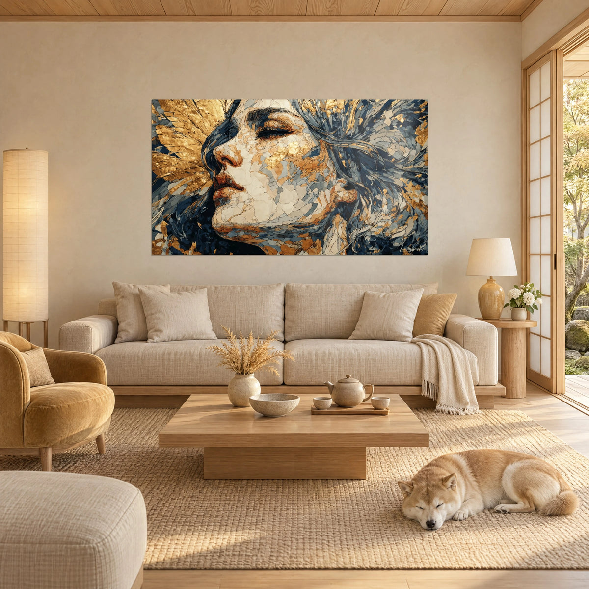 Wall art female profile in golden and midnight blue mosaic, closed eyelids, a Shiba lying on a sofa in a bright living room