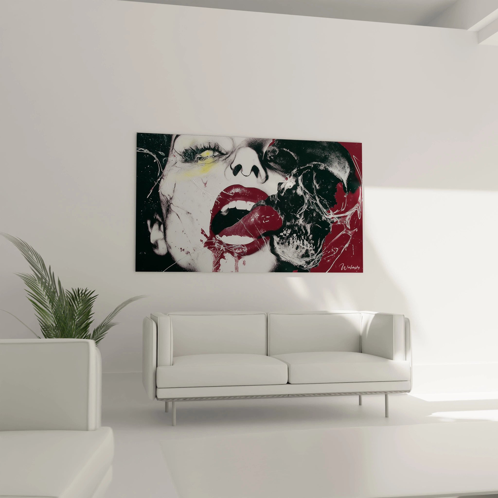Walensky tableau visage beauté contemporain mural représentant un visage féminin stylisé lèvres rouges art abstrait