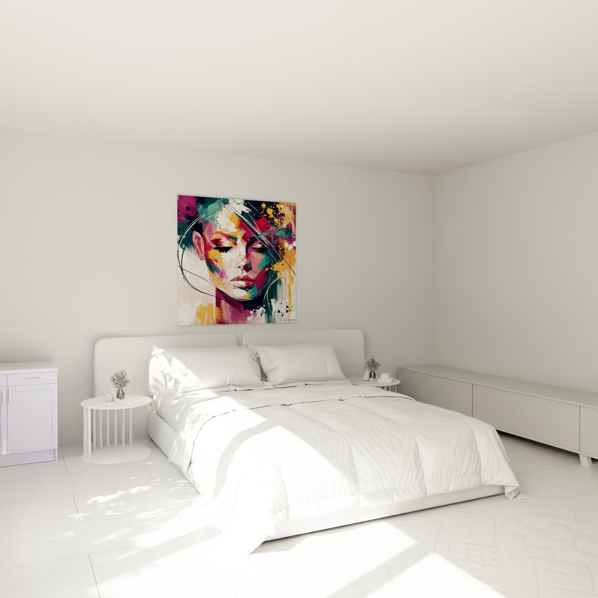 Portrait au visage incliné, tons dorés et verts, au-dessus d'un lit dans une chambre claire