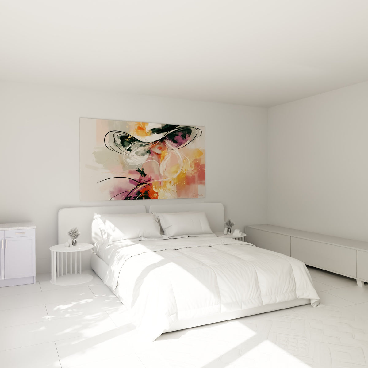 Silhouette Visage au chapeau noir et rose au-dessus d'un lit dans une chambre claire