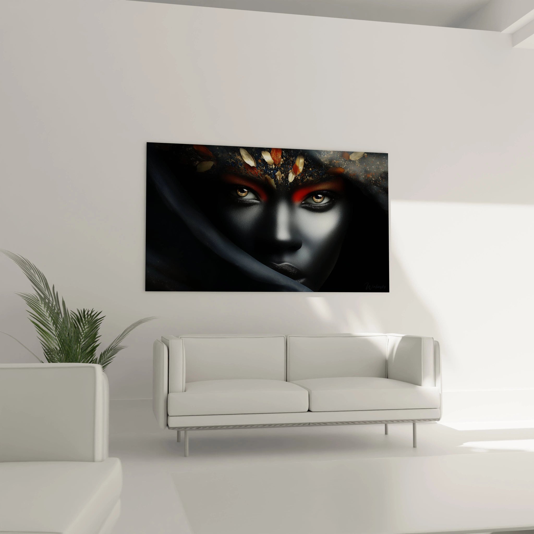 Tableau visage africain contemporain avec des couleurs vibrantes et un design captivant pour la décoration intérieure