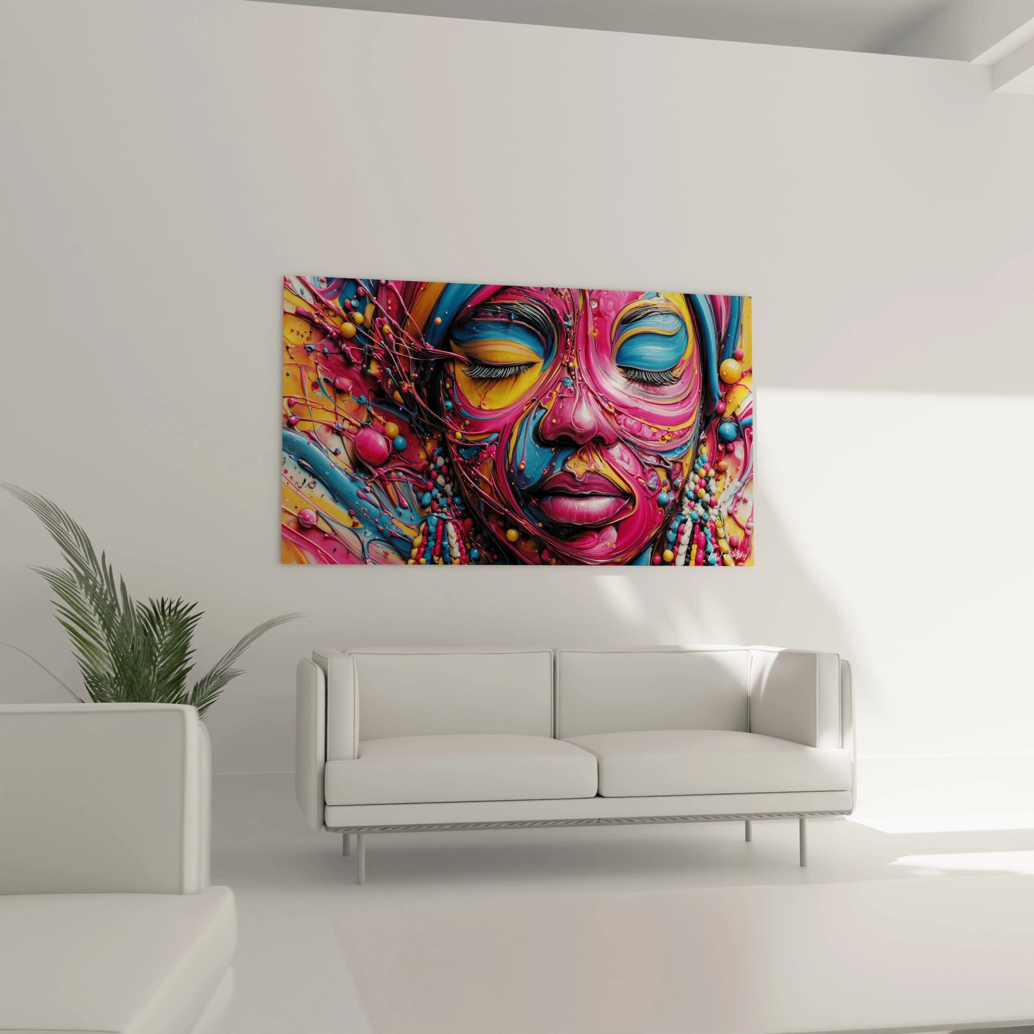 Tableau visage africain coloré de Walensky accroché sur un mur moderne au-dessus d'un canapé