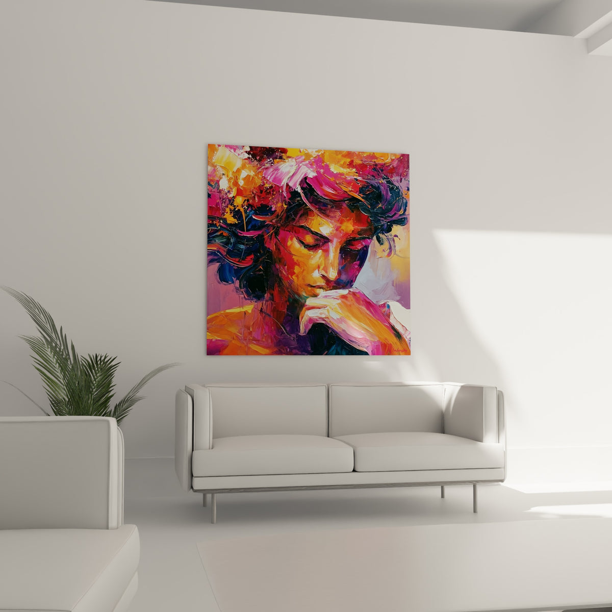 Visage lumineux aux tons dorés et bleu nuit, geste méditatif, au-dessus d'un canapé dans un salon lumineux