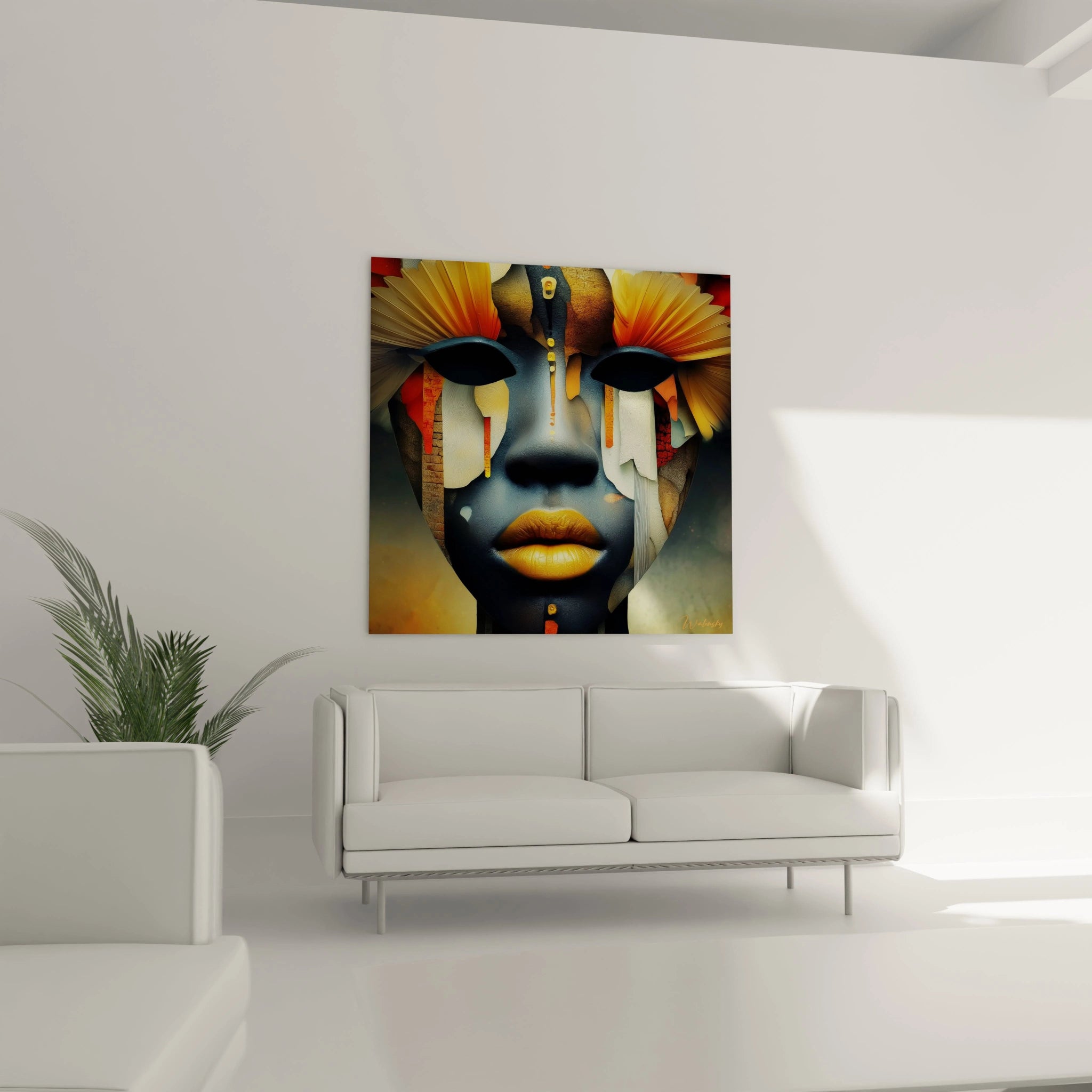 Tableau masque africain moderne de Walensky avec des couleurs vives pour décorer un intérieur contemporain