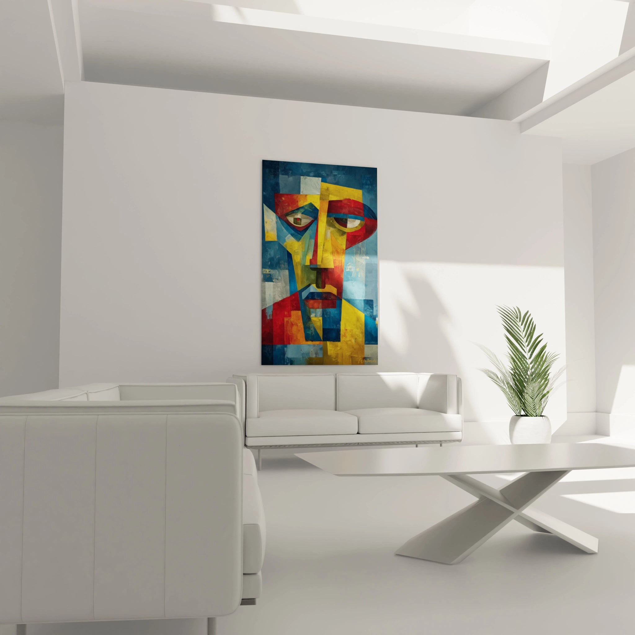 Tableau cubiste visage africain de Walensky en couleurs vives sur mur moderne