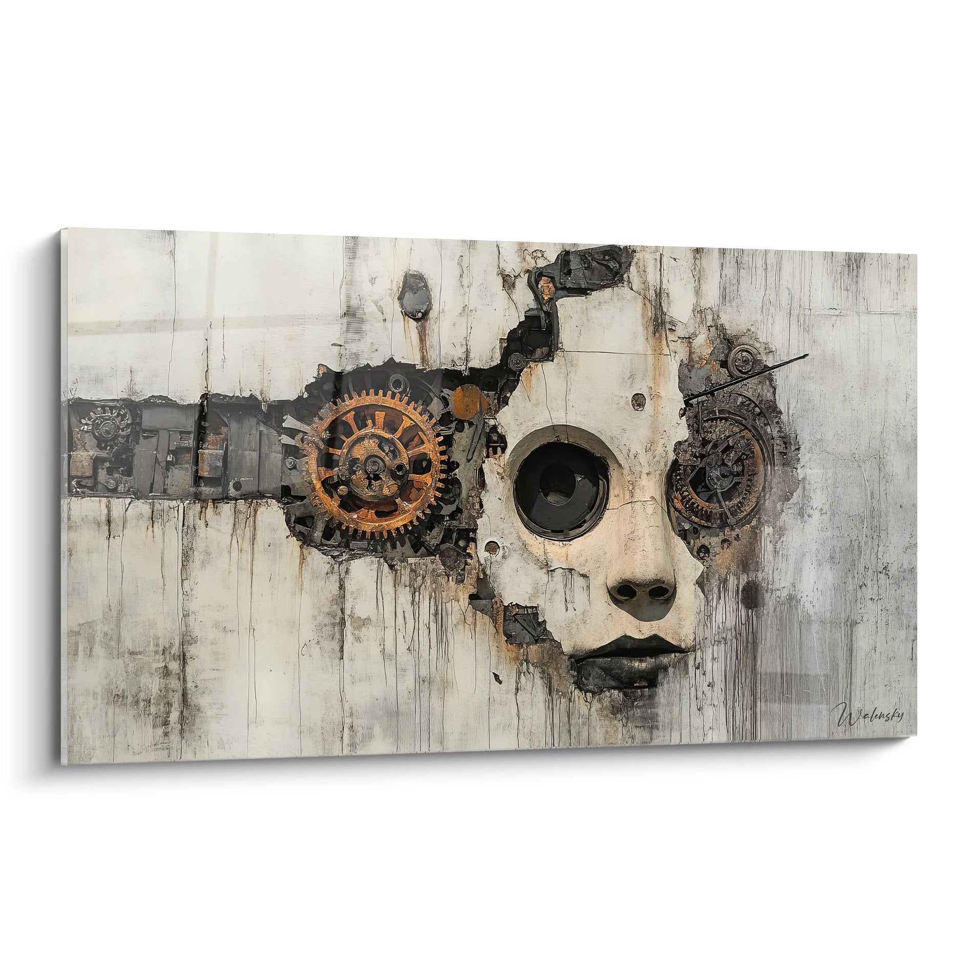 Tableau mural art cybernétique visage féminin avec engrenages et mécanismes industriels steampunk