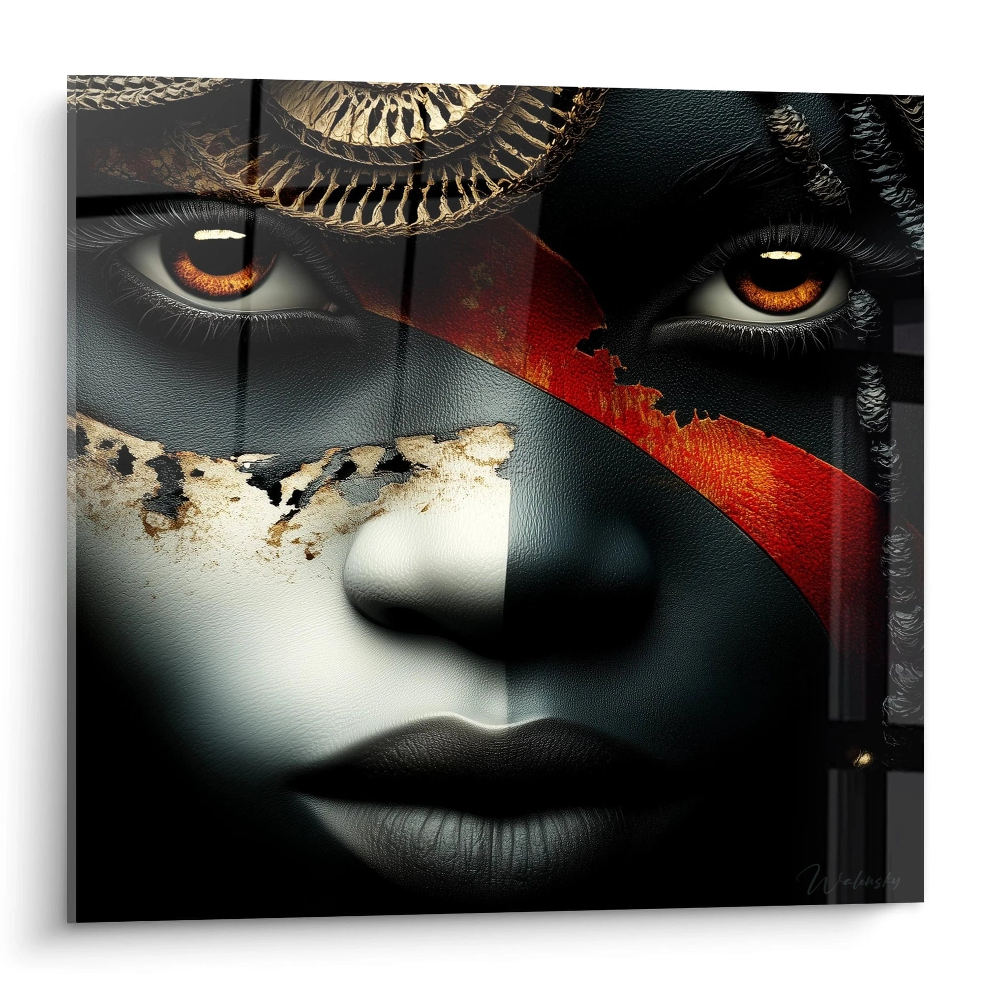 Tableau visage africain avec des yeux captivants et des motifs colorés pour une décoration moderne