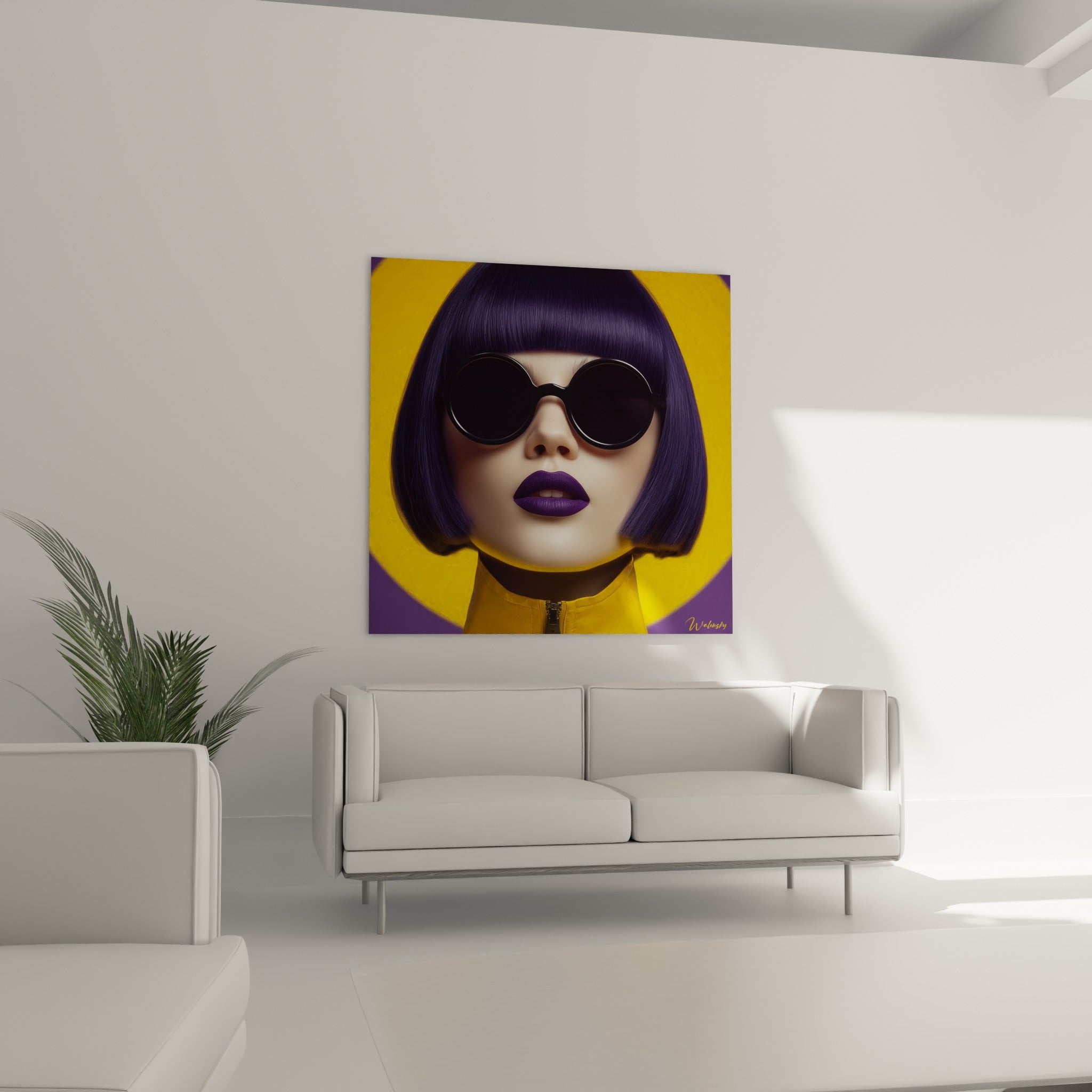 Visage aux lunettes noires et lèvres violet mat sur fond jaune, au-dessus d'un canapé dans un salon lumineux