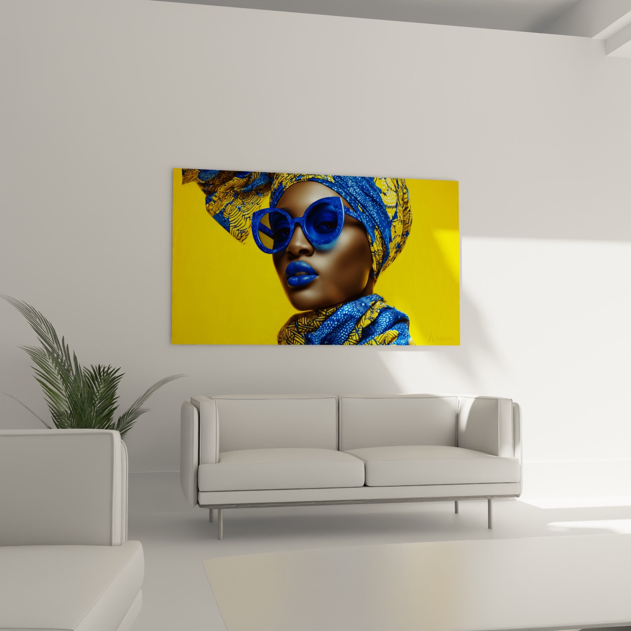 Femme au turban imprimé jaune et bleu, lèvres bleu satiné, œuvre au-dessus d'un canapé dans un salon lumineux