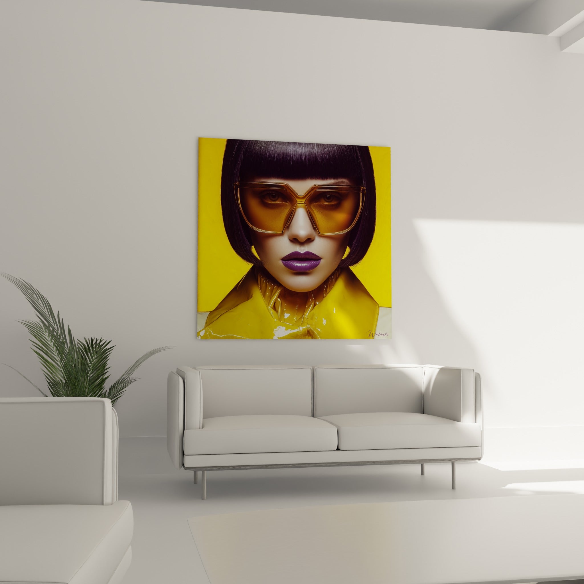 Visage saisi en couleurs jaune et violette, lunettes ambrées, au-dessus d'un canapé dans un salon lumineux