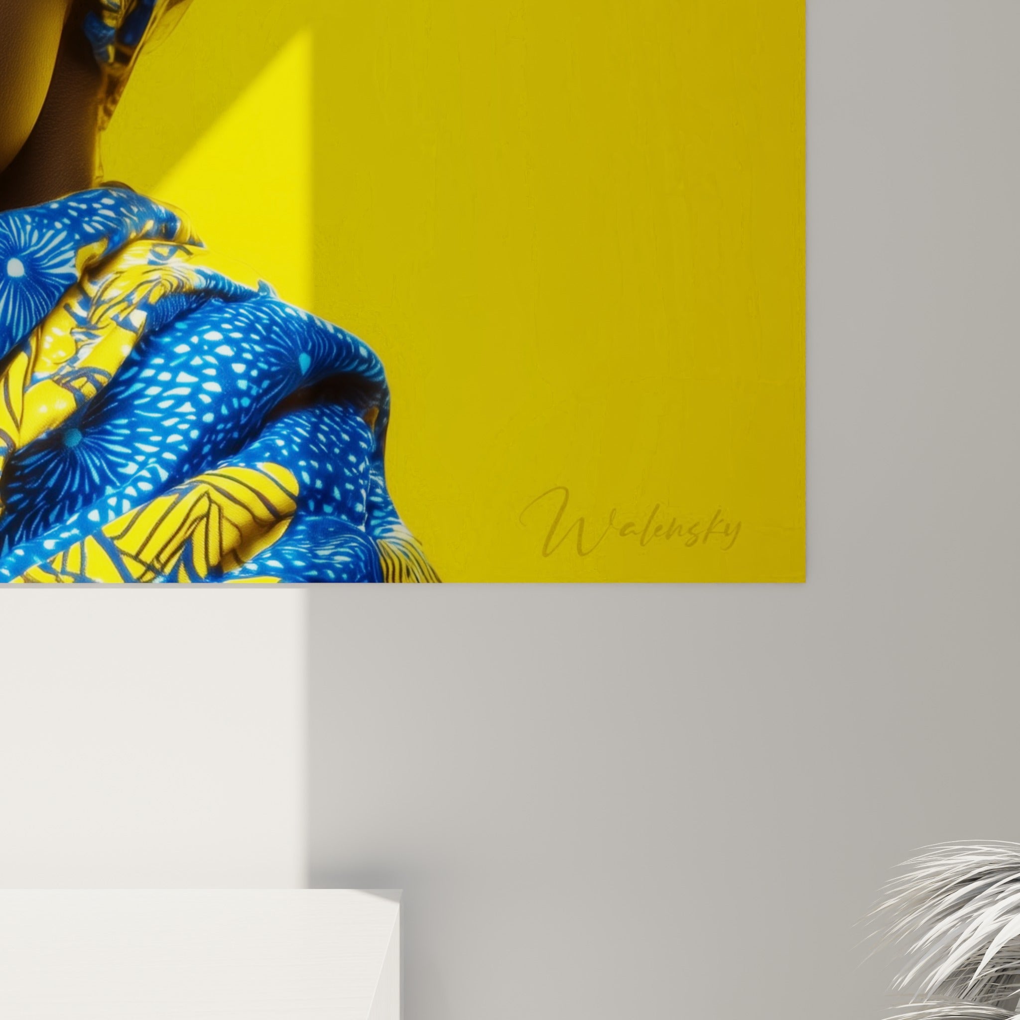 Détail du tableau visage de la mode montrant le grain de l'impression sur les motifs jaune et bleu du turban