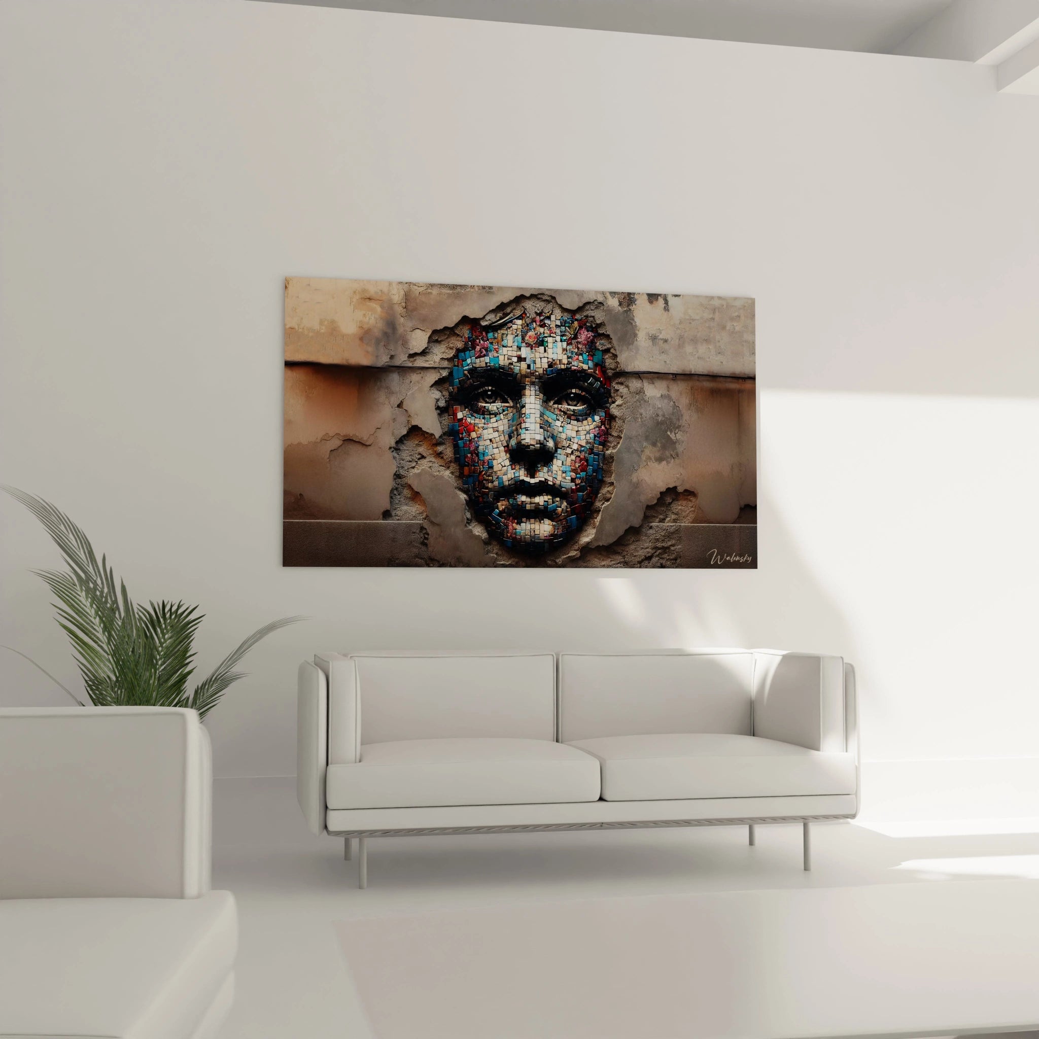 Accroche dans un salon au-dessus d'un canape, ce tableau Mosaique attire le regard. L'association des couleurs et des fragments evoque l'histoire et la beaute des imperfections.