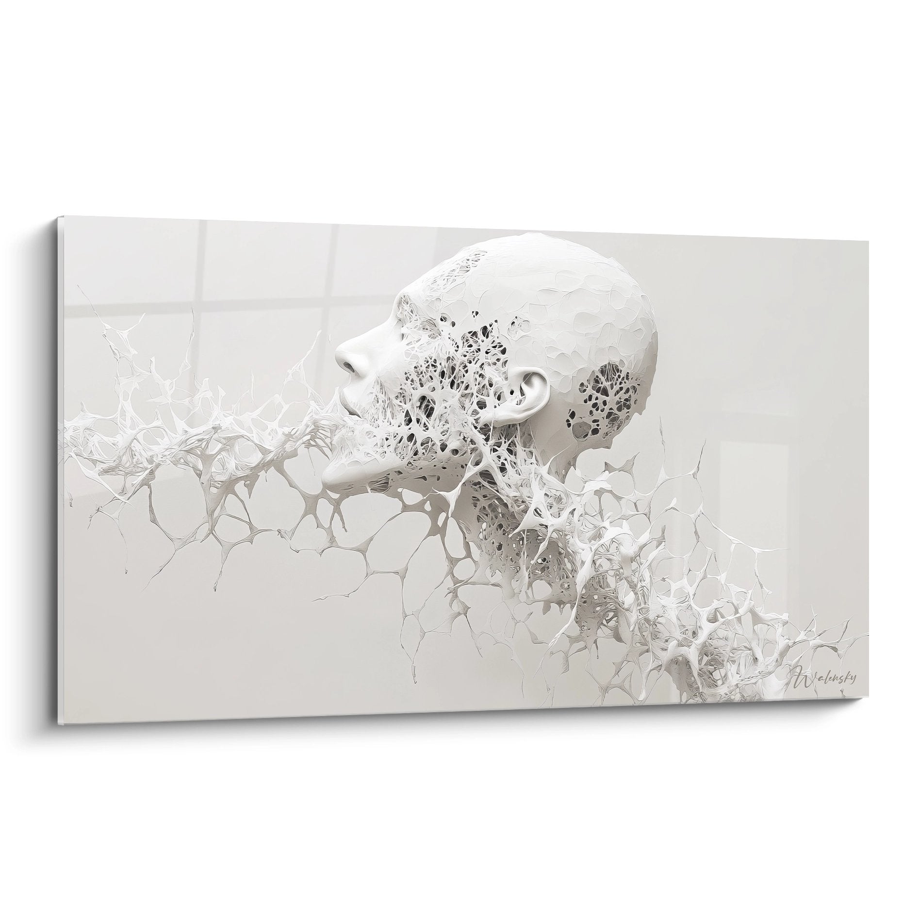 Tableau mural visage humain en désintégration cellulaire, art moderne ADN blanc et gris sur toile