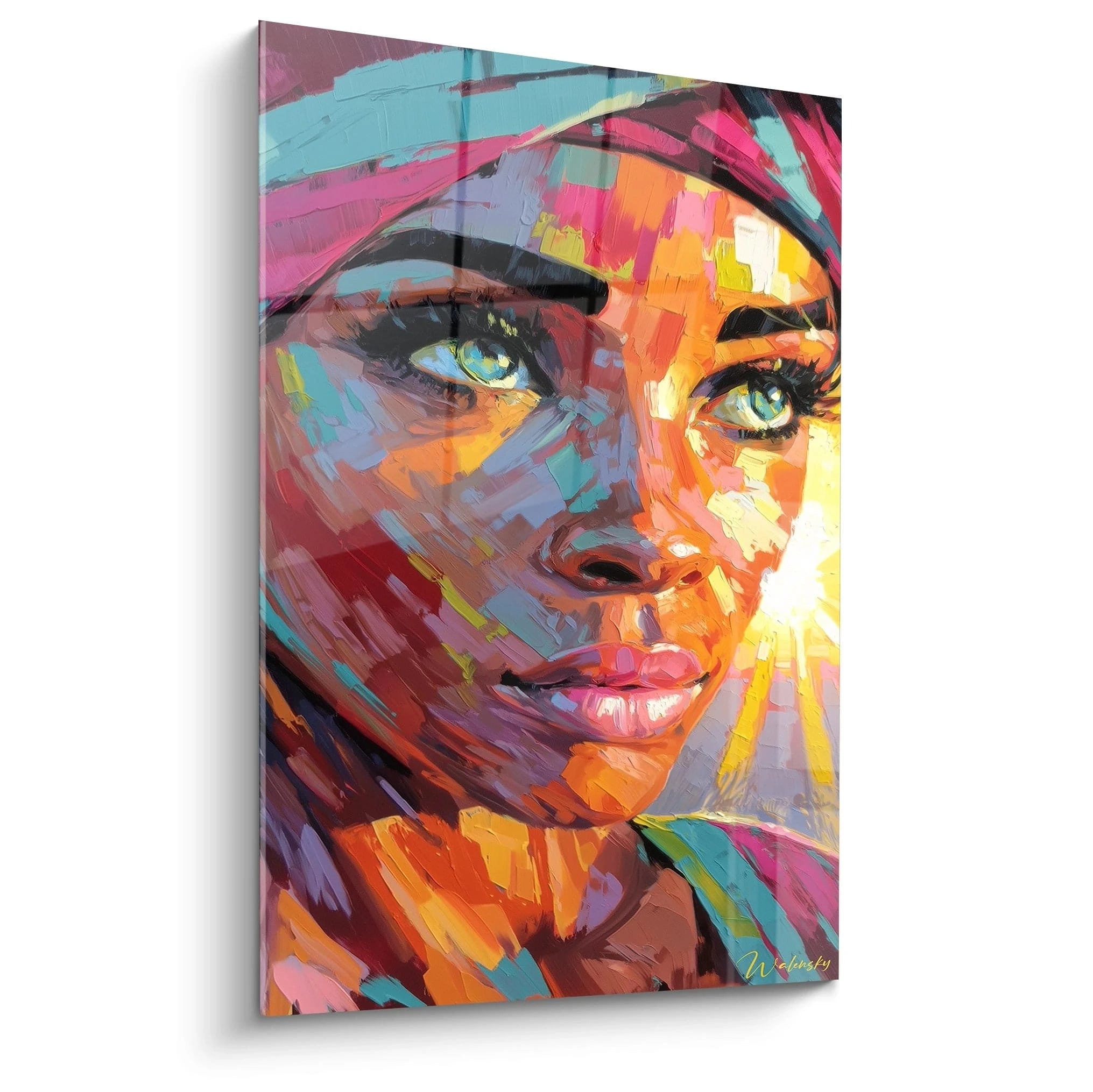 Tableau mural visage africain coloré représentant une femme avec des yeux captivants et un arrière-plan vibrant