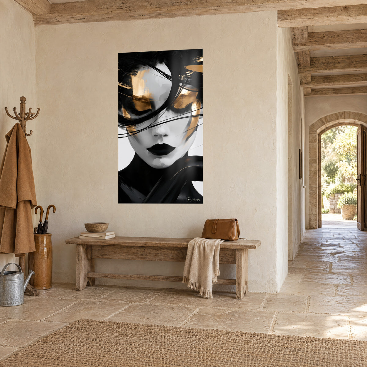 Wall art female portrait with black lips, gold touches on white skin, on a roughcast wall beside a wooden bench