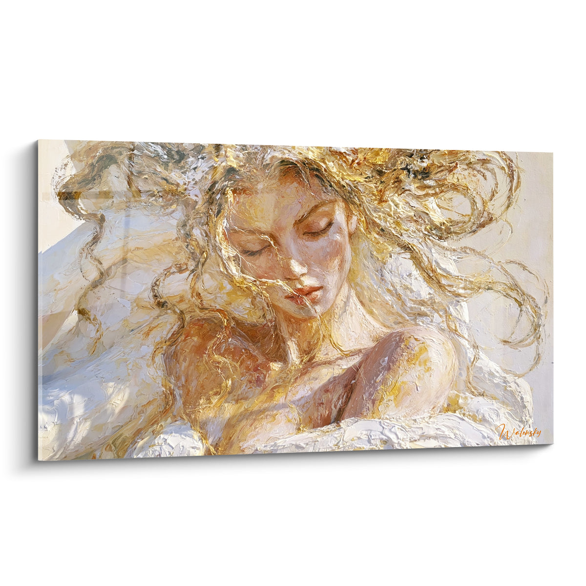 Visage féminin aux yeux clos, cheveux dorés et blancs, peinture texturée au couteau