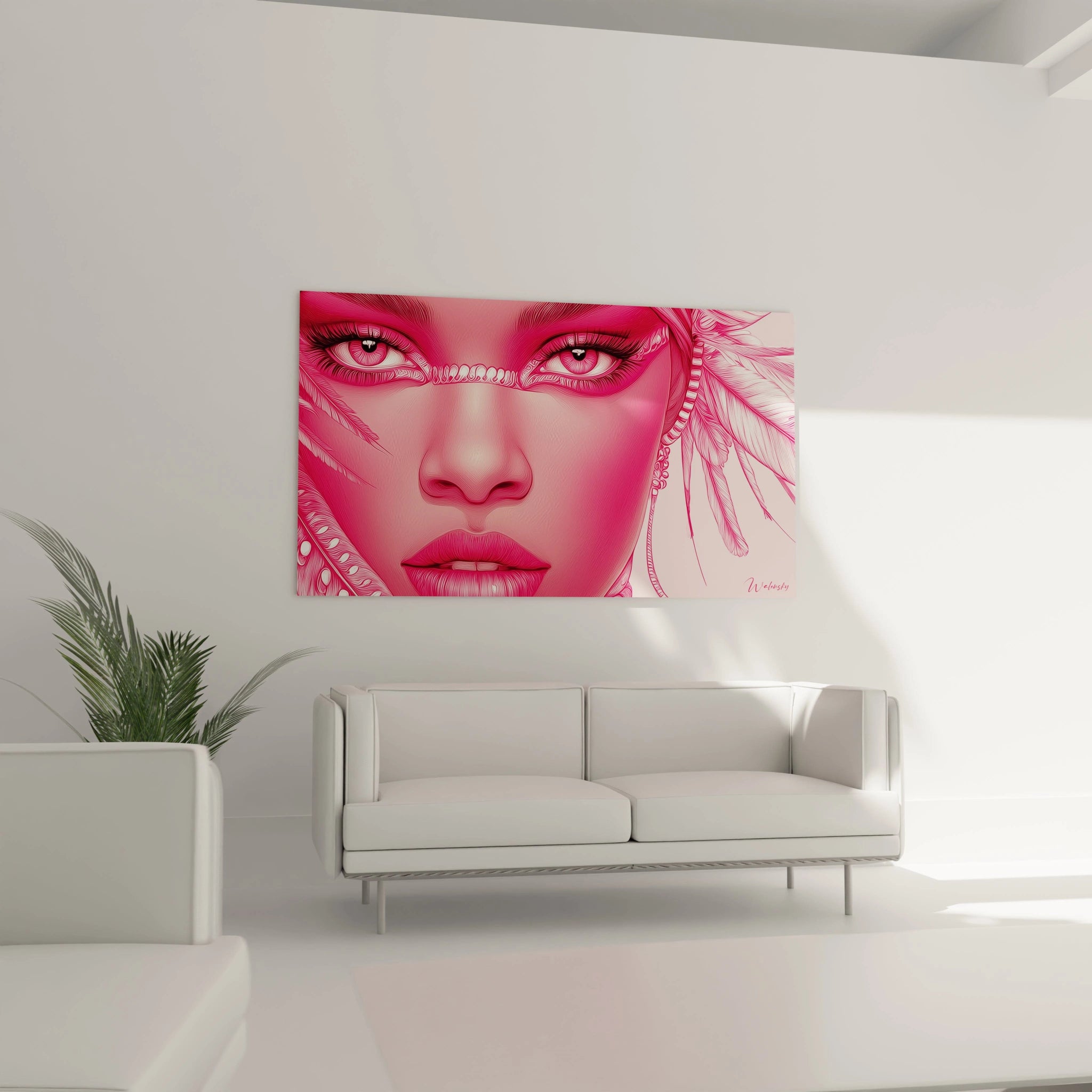 Tableau visage africain moderne de Walensky, art mural coloré avec une femme stylisée sur fond clair.