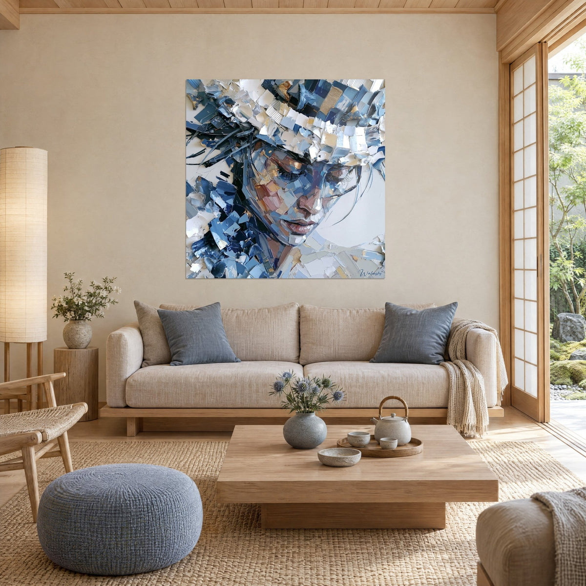 Cuadro retrato fragmentado en esquirlas azul medianoche y blanco crema, párpados cerrados, encima de un sofá en un salón luminoso