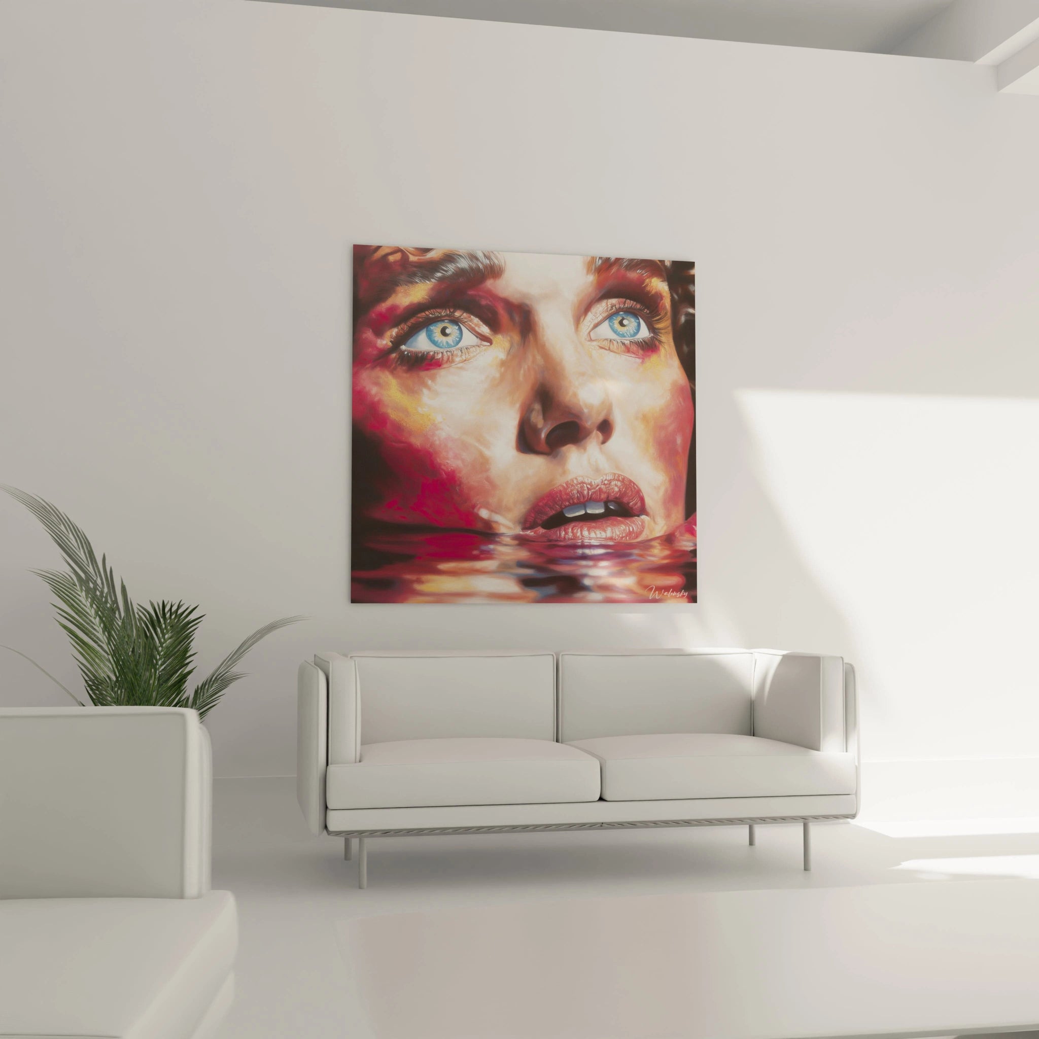 Walensky tableau hyperréalisme visage grand portrait coloré femme yeux bleus émergeant de l eau