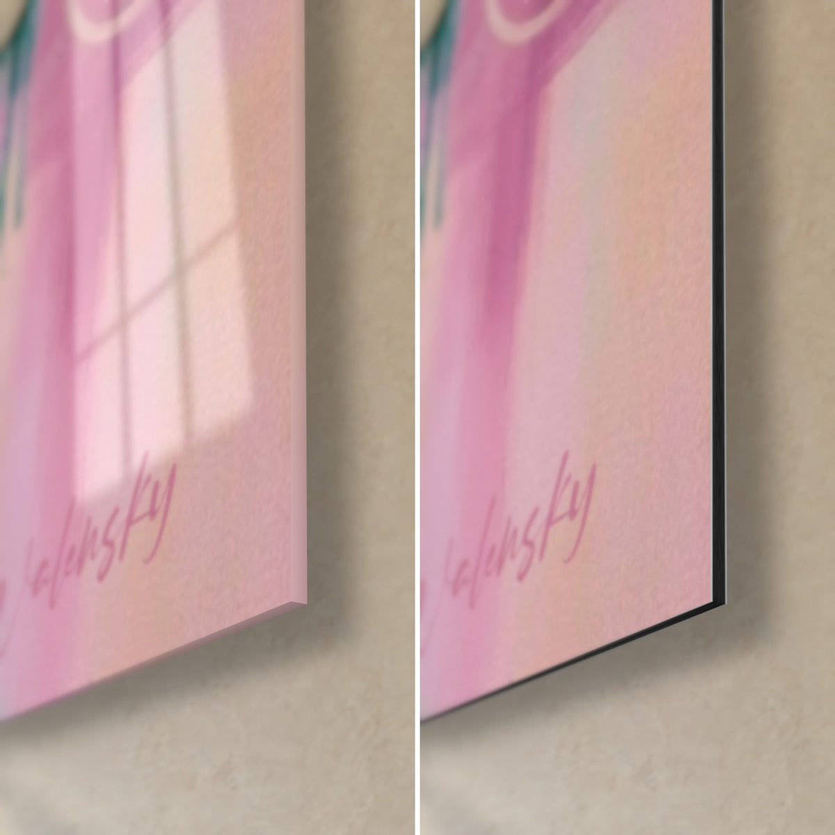 Wall art abstract young woman, pink and orange corner bottom right, glossy acrylic glass on the left, matte Dibond on the right
