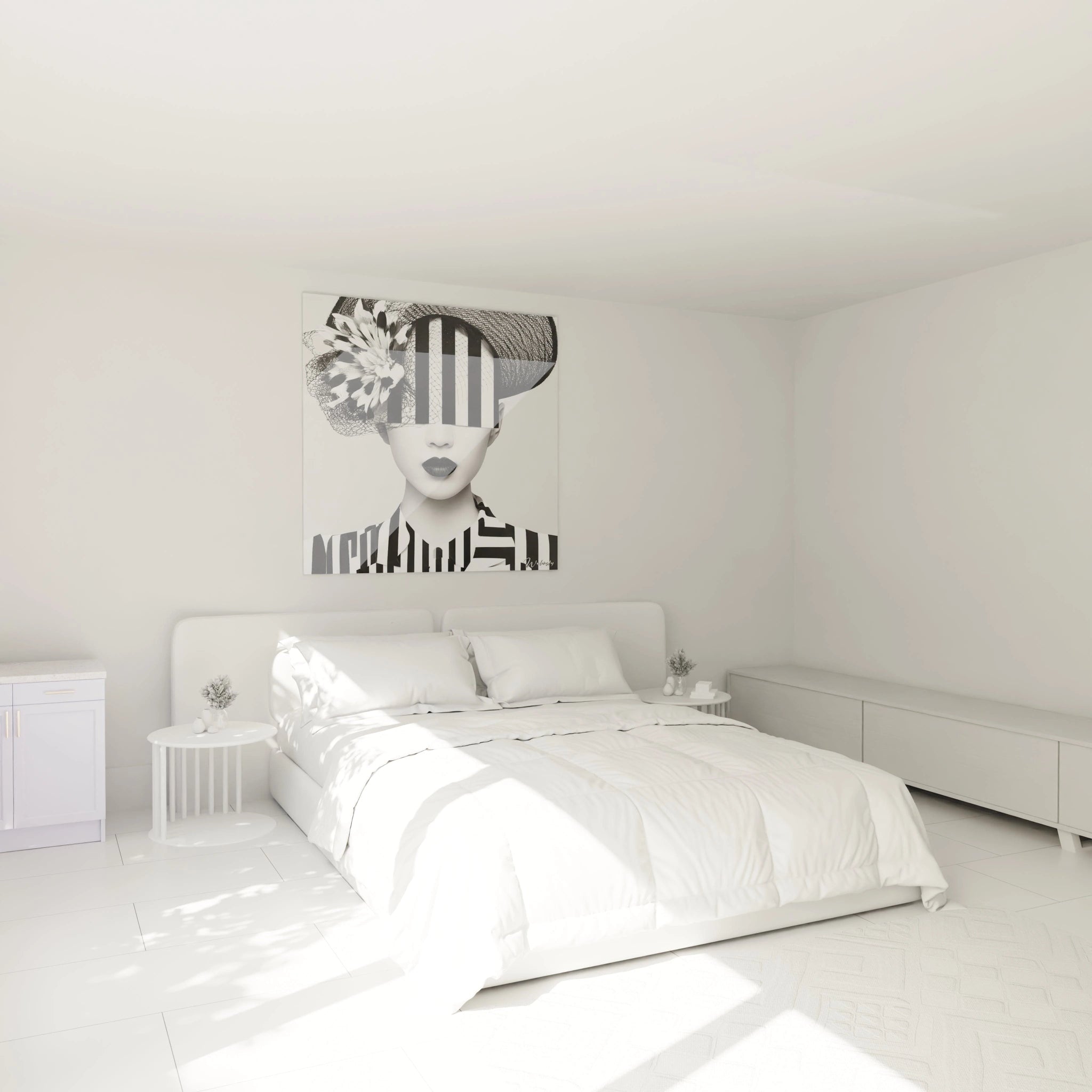 Tableau visage énigmatique noir et blanc accroché au-dessus d'un lit dans une chambre moderne