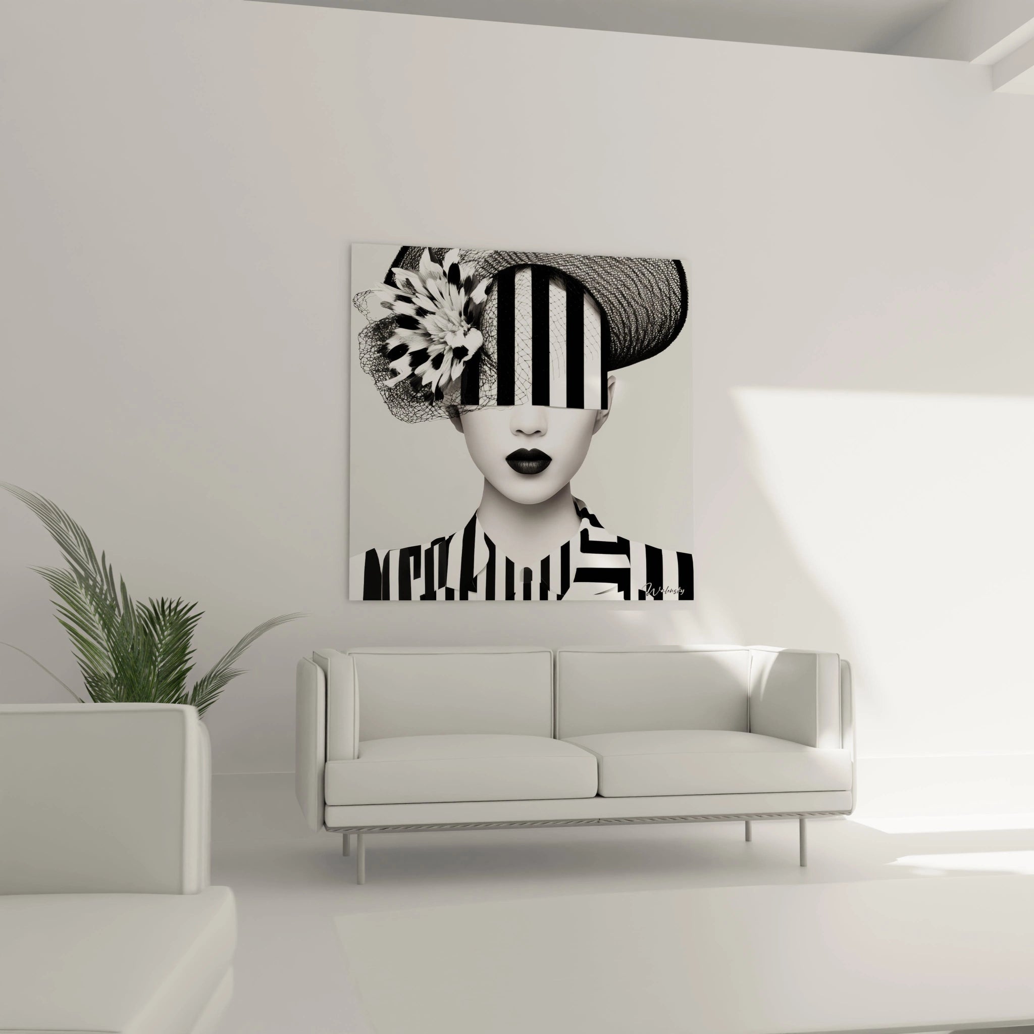 Tableau visage énigmatique noir et blanc de Walensky avec des motifs graphiques modernes