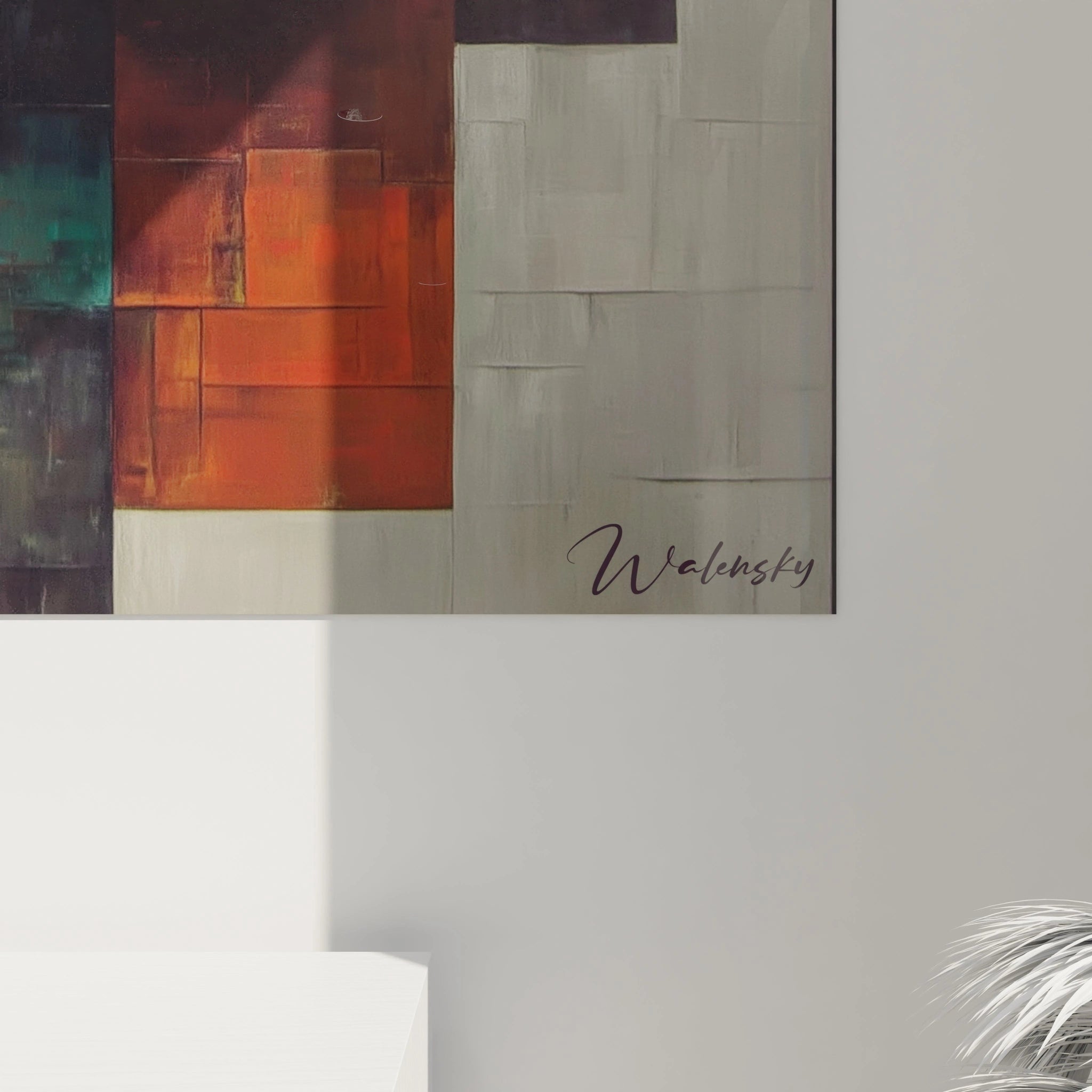 Tableau mural Walensky tableau art chamanique abstrait blocs de couleur rouge orange sarcelle beige texture signature