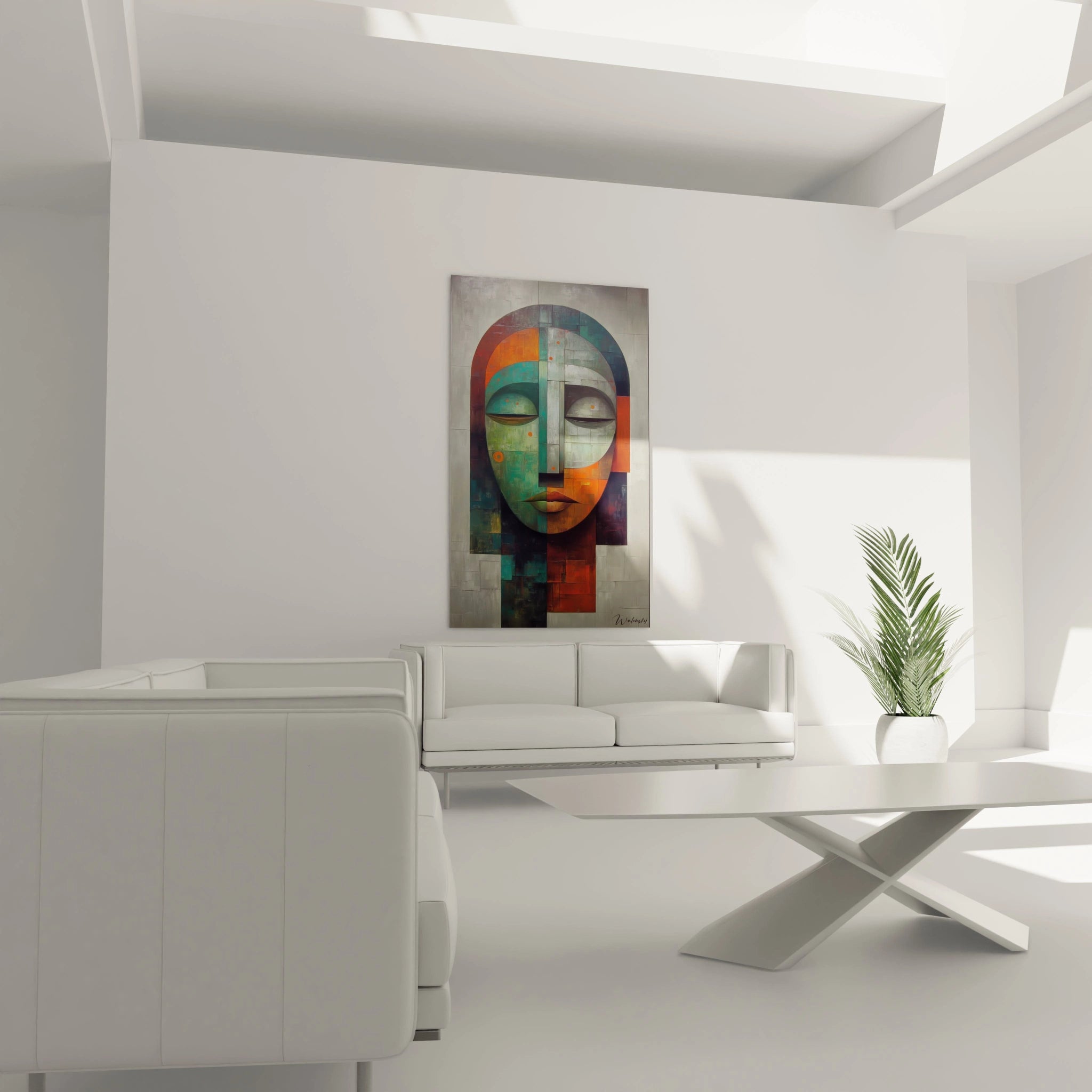 Tableau mural Walensky tableau art chamanique peinture abstraite visage coloré sur canapé blanc