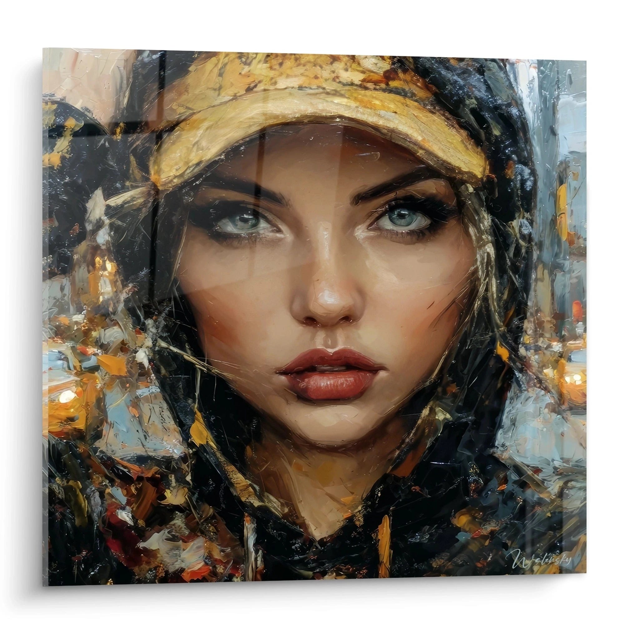 Tableau mural visage expressif avec un portrait abstrait d'une femme portant une casquette