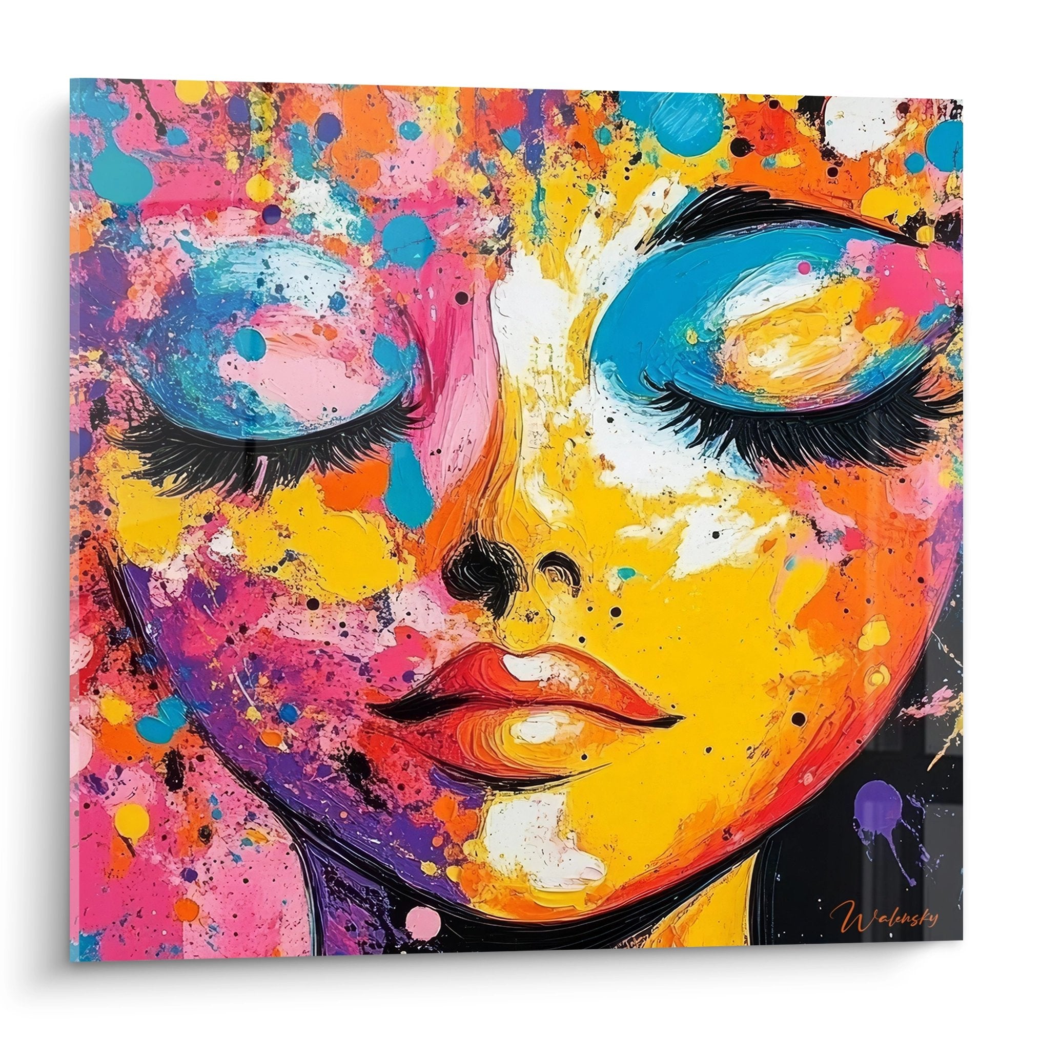 Tableau mural visage féminin abstrait aux couleurs vives avec éclaboussures multicolores