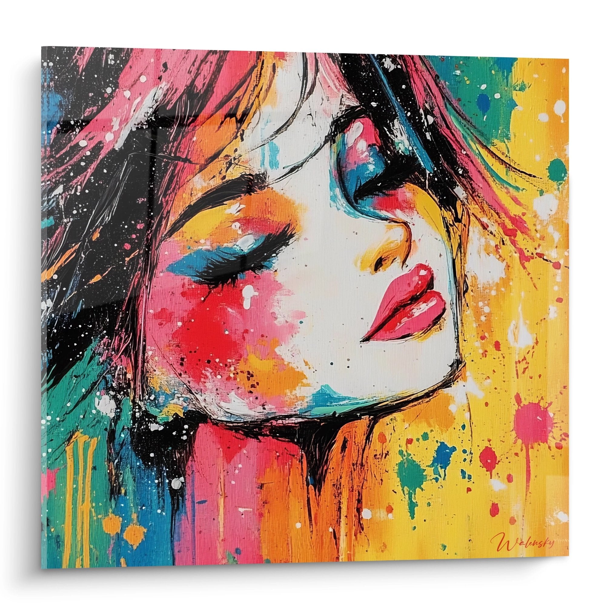 Tableau abstrait visage féminin aux couleurs éclatantes rose jaune bleu pour décoration murale moderne