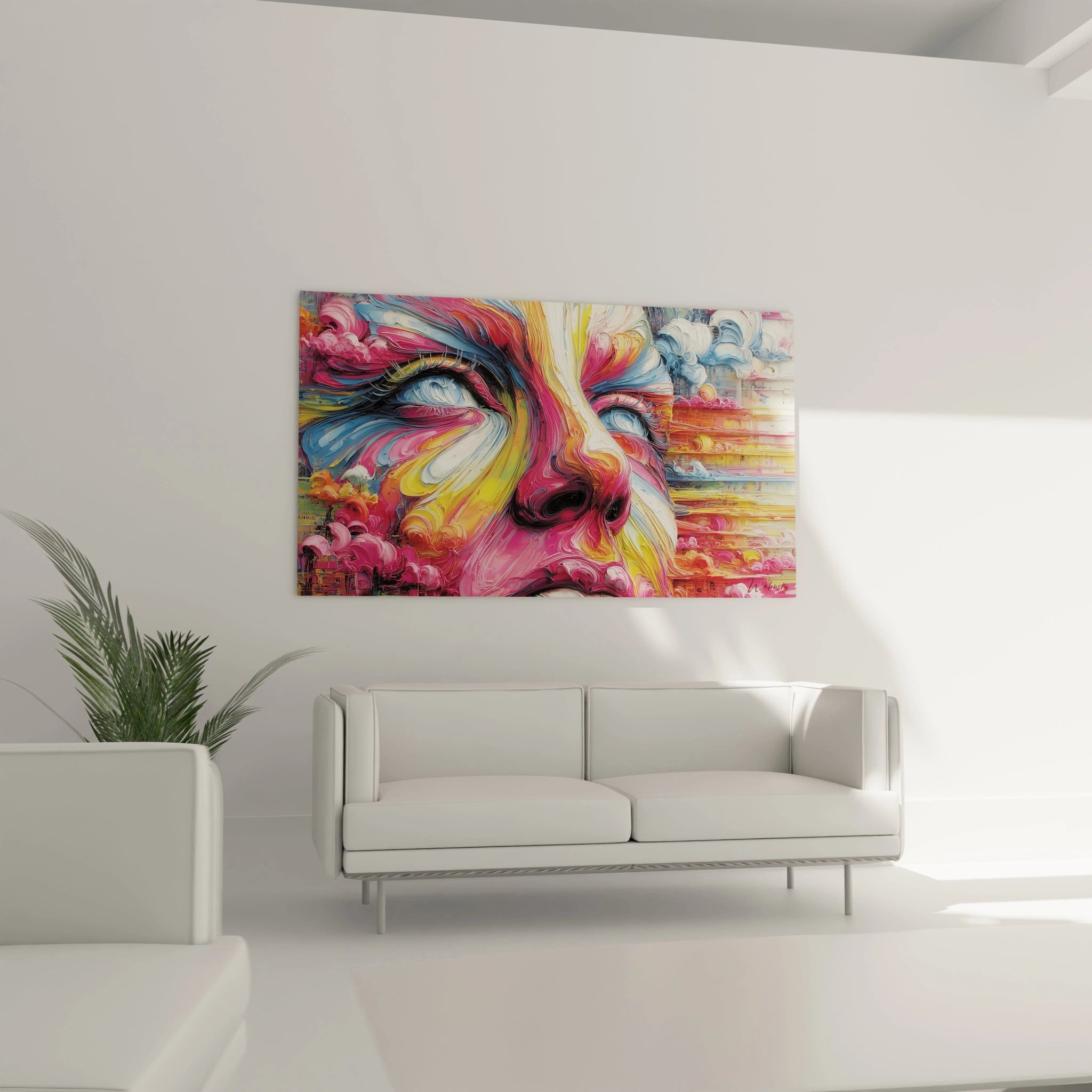 Gros plan détail tableau portrait féminin abstrait couleurs éclatantes technique moderne
