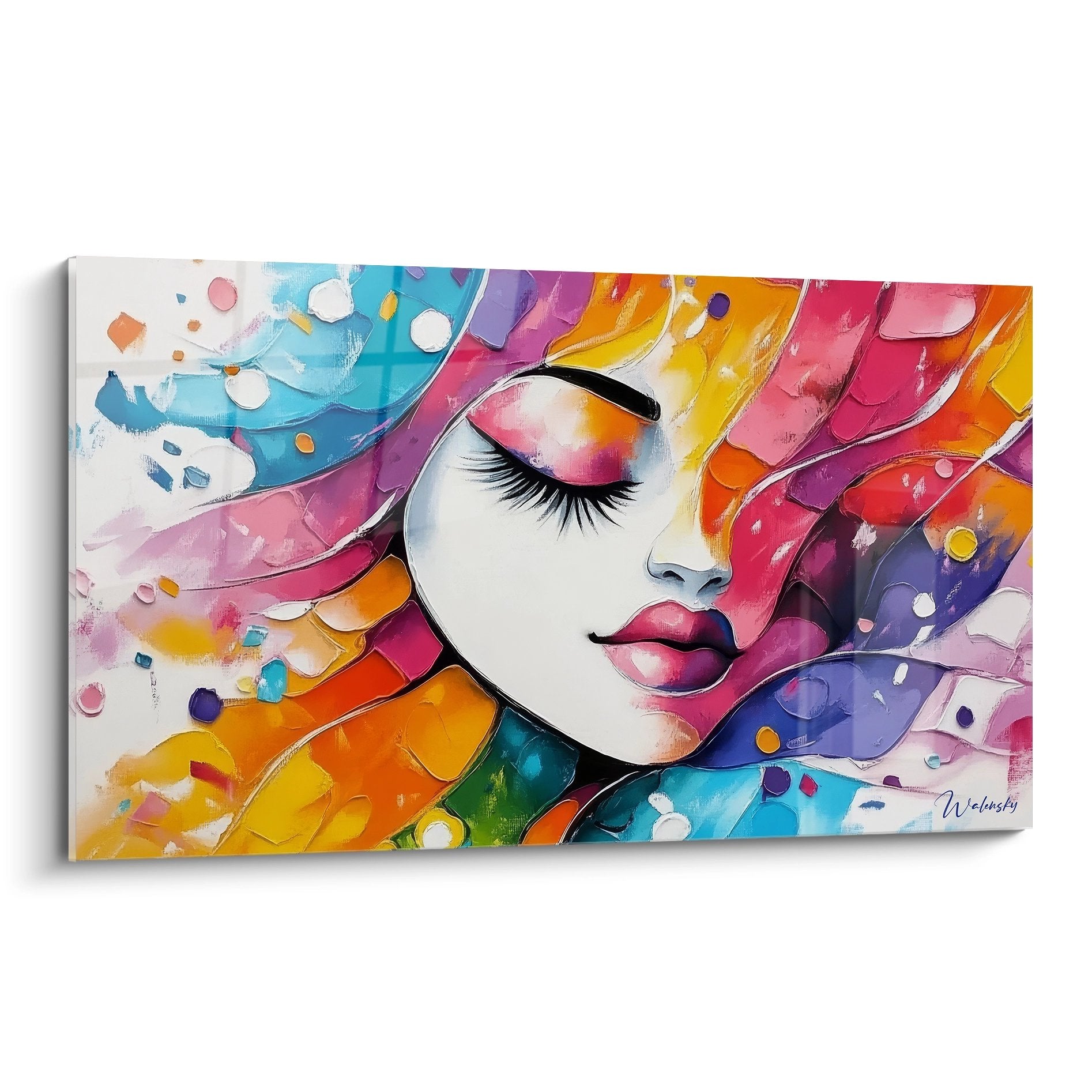 Tableau mural visage féminin abstrait aux couleurs vives orange bleu rose violet