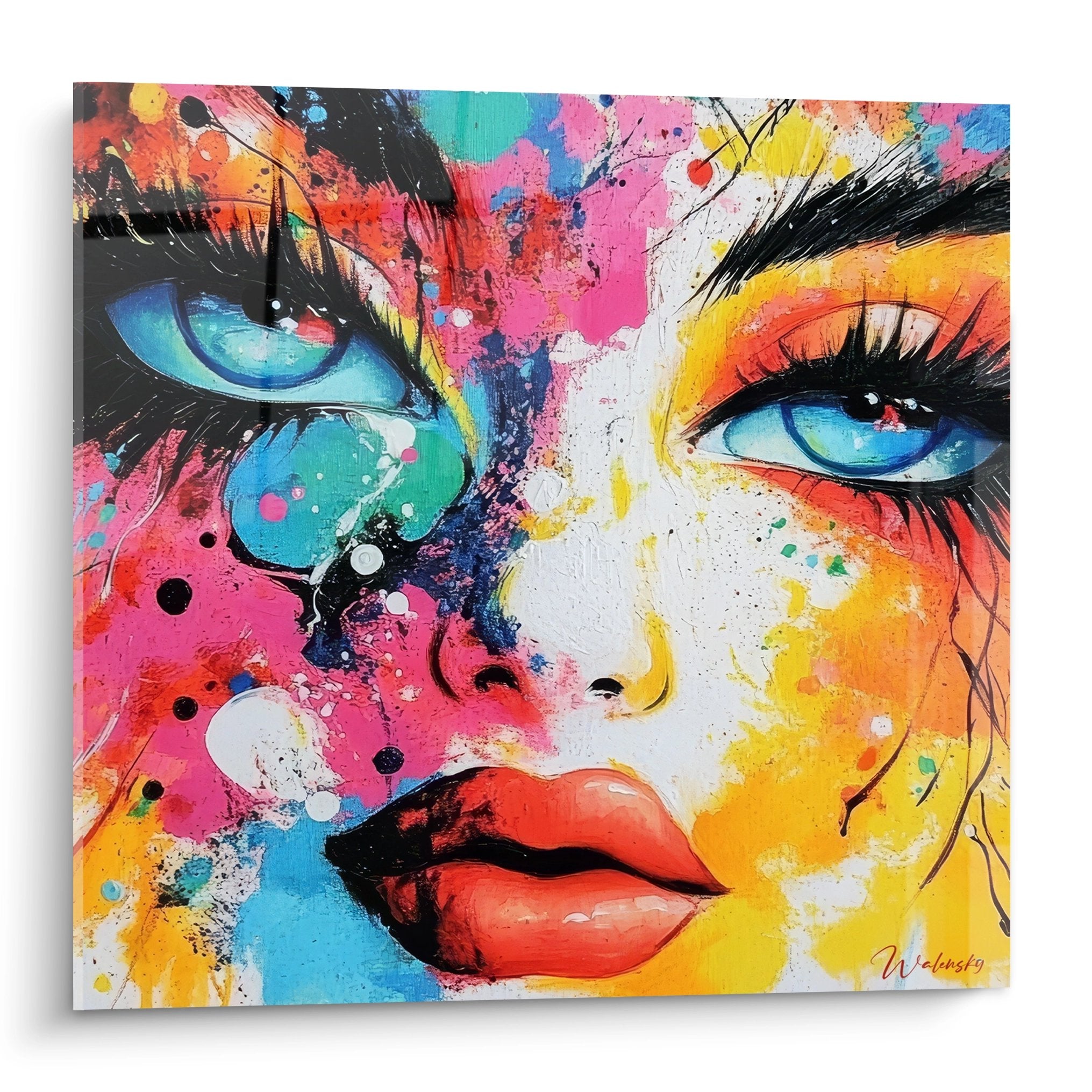 Tableau mural visage féminin aux couleurs vives - Art abstrait moderne avec yeux bleus et projections colorées