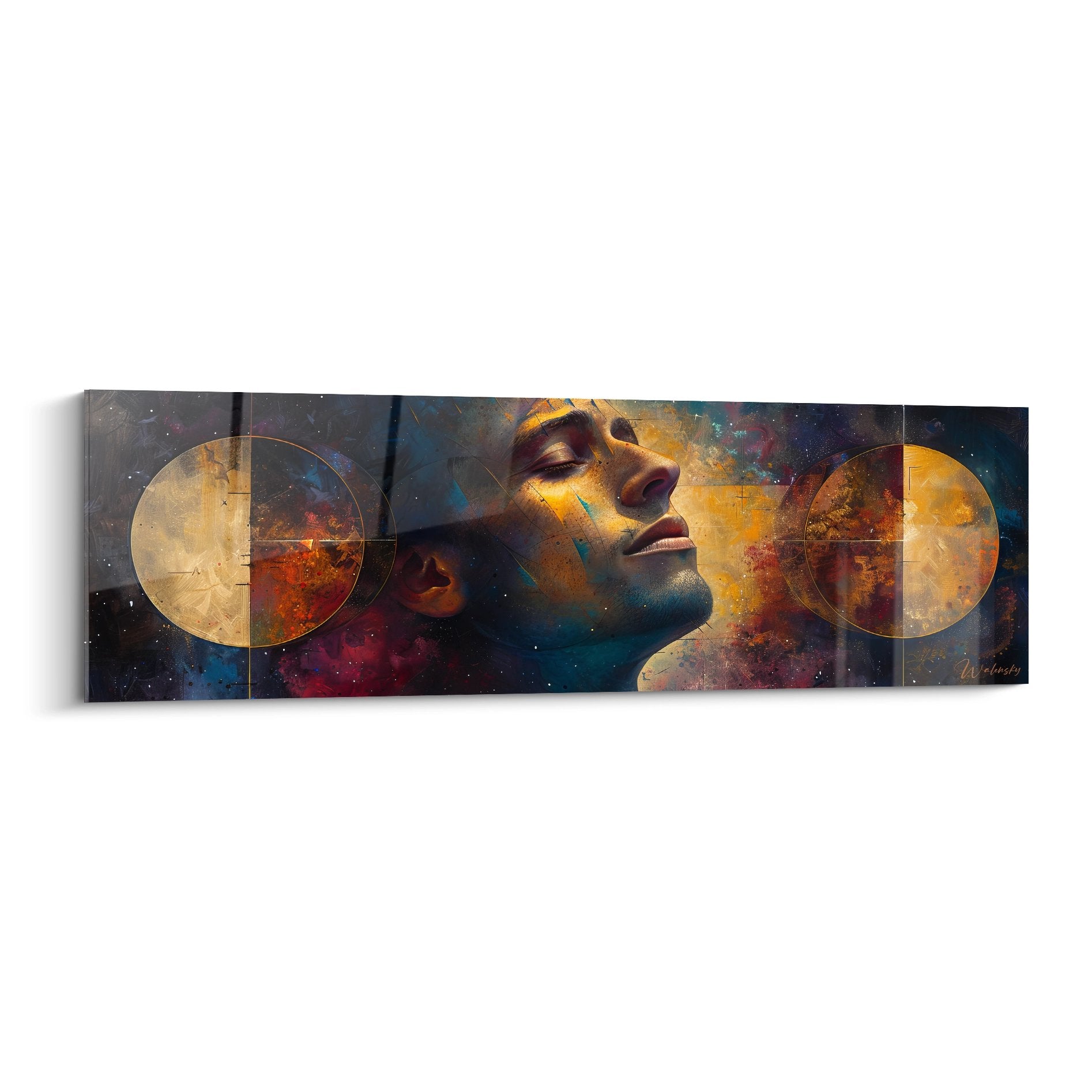 Tableau mural visage féminin cosmique figuratif abstrait aux couleurs dorées et bleues sur fond stellaire