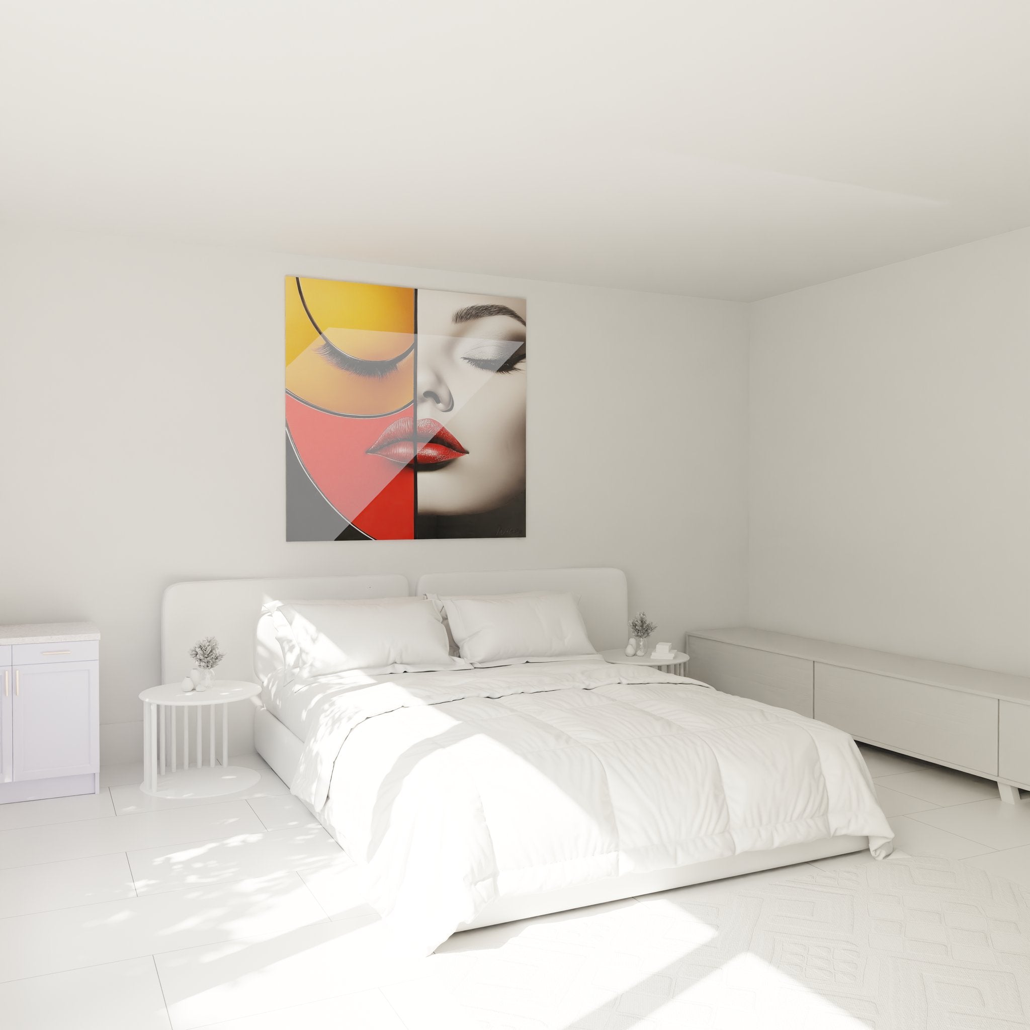 Ambiance chambre avec tableau visage féminin figuratif abstrait dualité moderne décoration murale