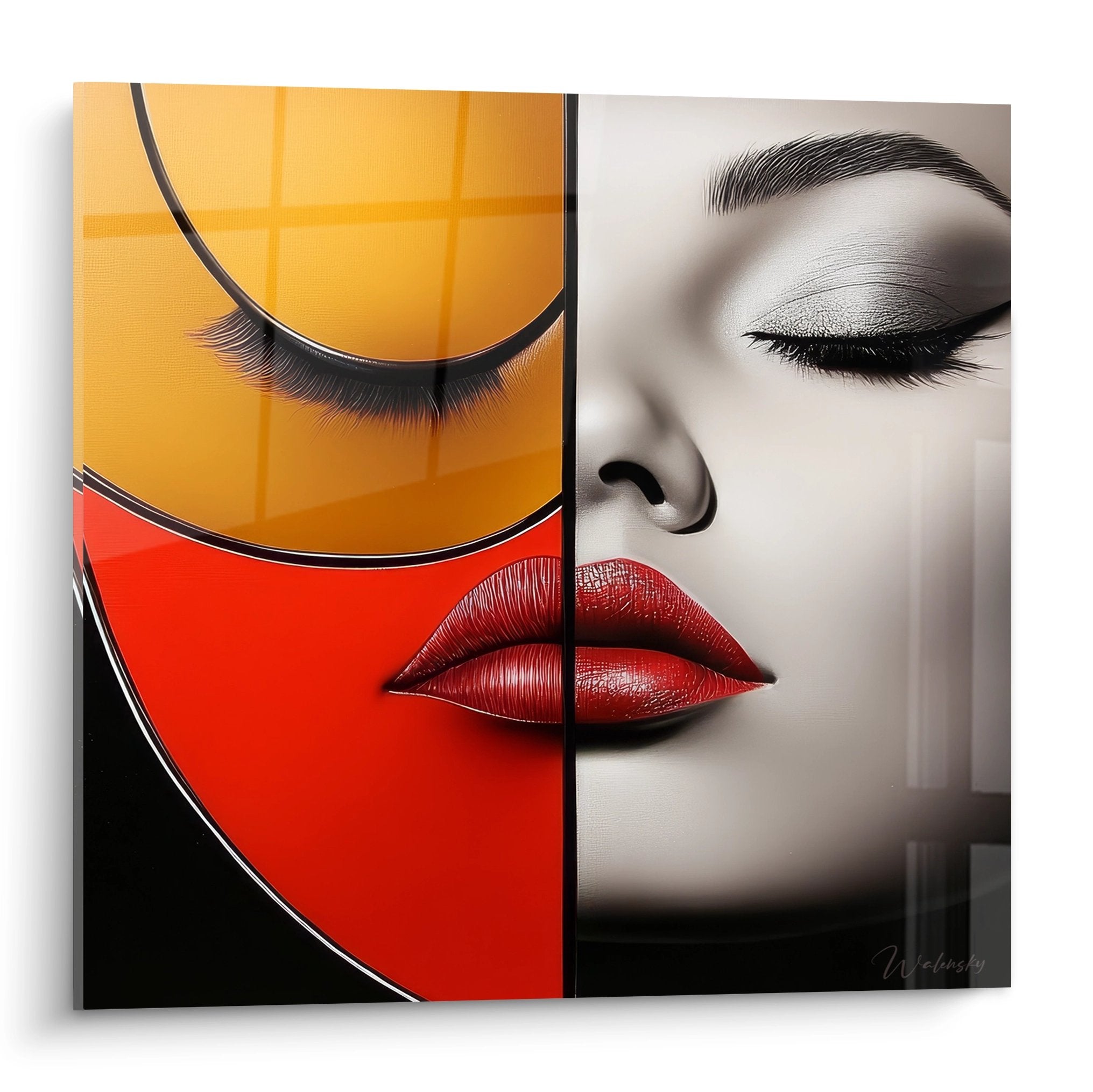 Tableau mural figuratif abstrait visage féminin dualité moderne lèvres rouges art contemporain