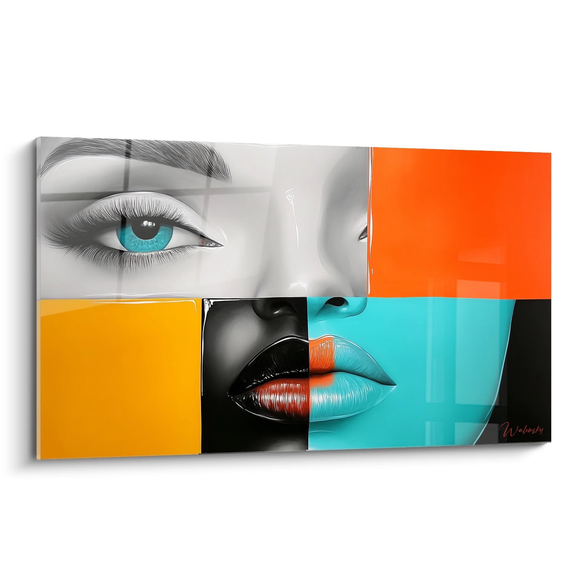 Tableau mural figuratif abstrait représentant un visage féminin avec blocs colorés orange et turquoise