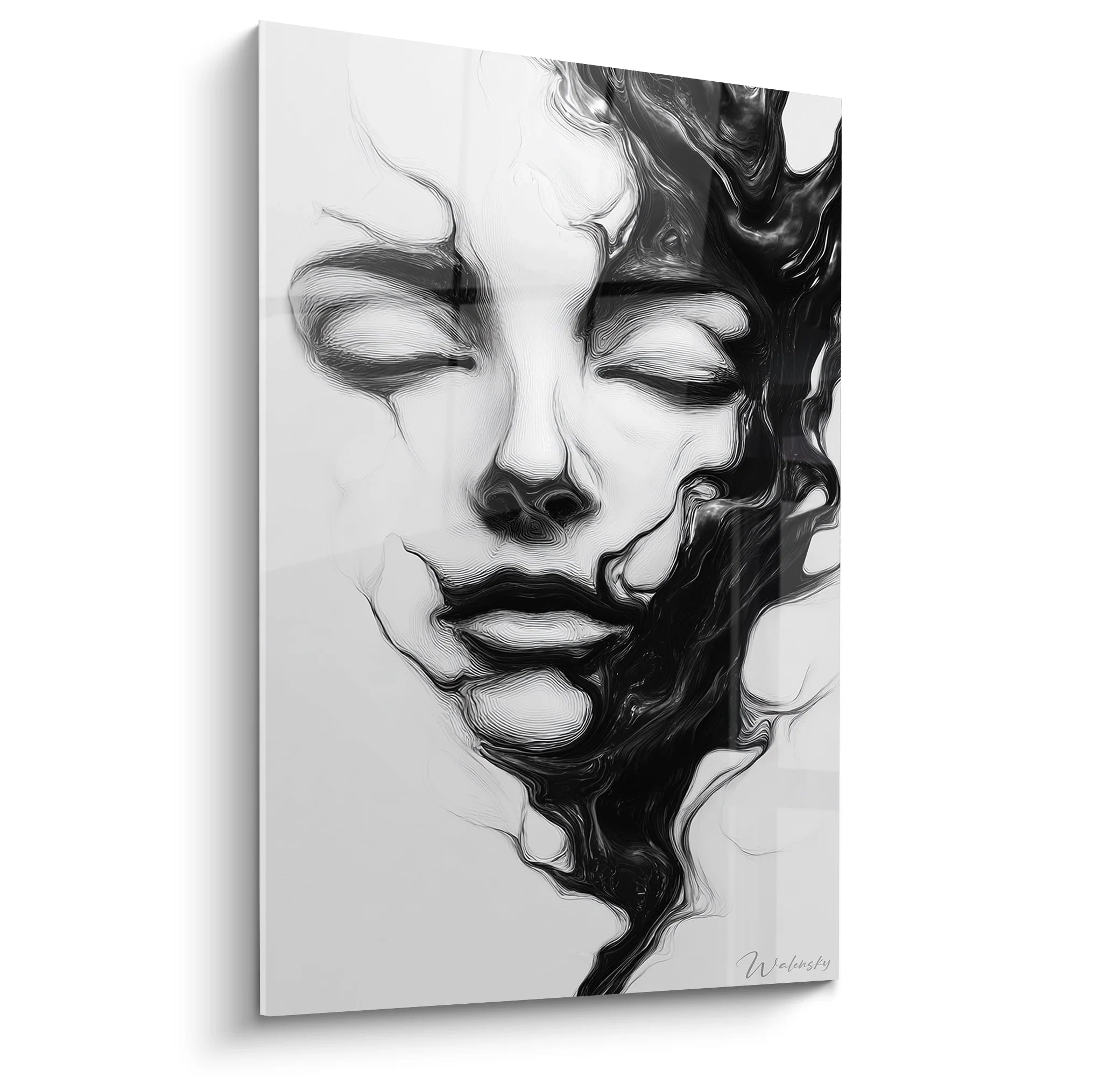 Tableau visage féminin fluide noir et blanc aux formes liquides organiques pour décoration murale moderne