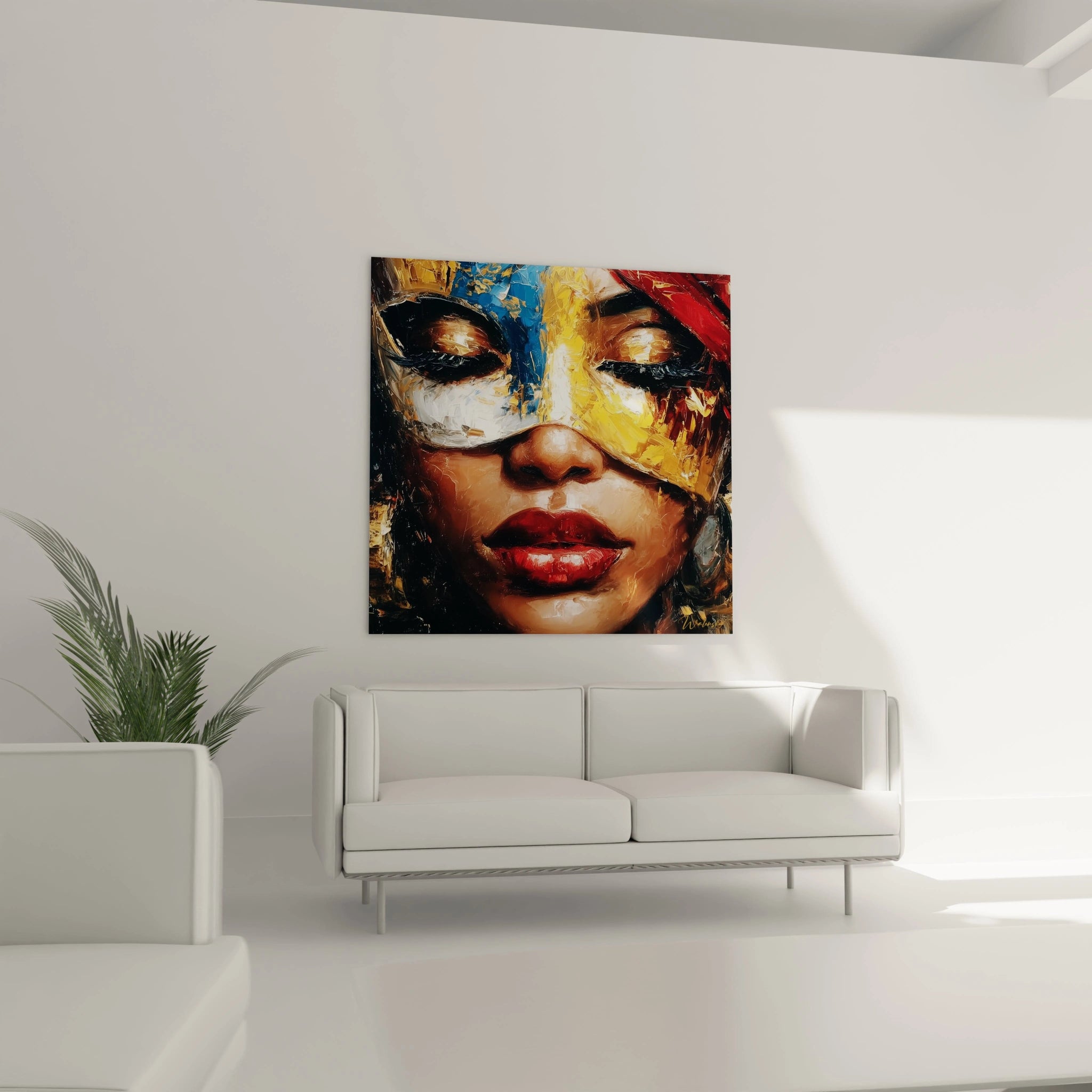 Tableau mural magnifique représentant un masque africain femme, décor vibrant pour votre intérieur.