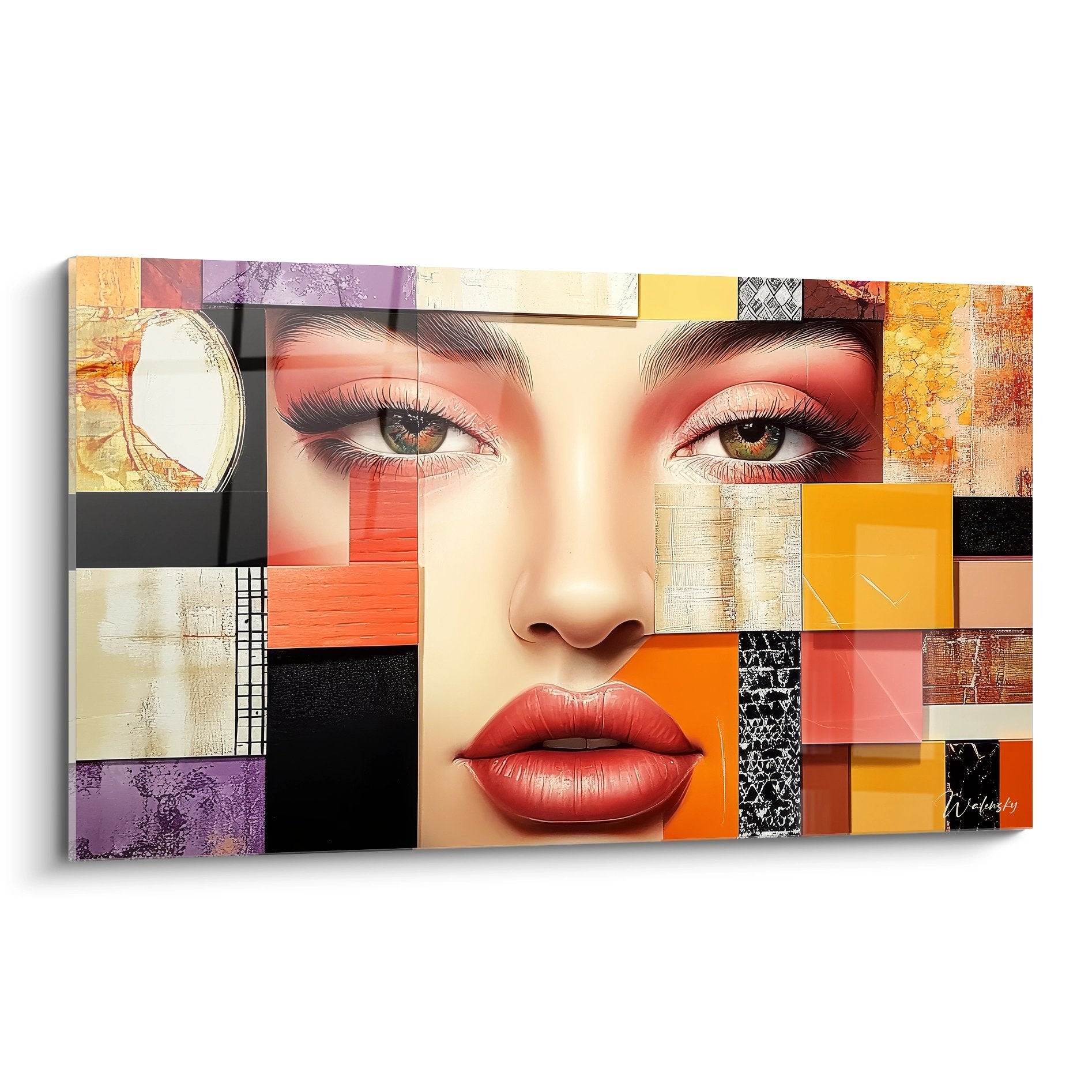 Tableau mural visage féminin mosaïque géométrique art figuratif abstrait couleurs chaudes orangées