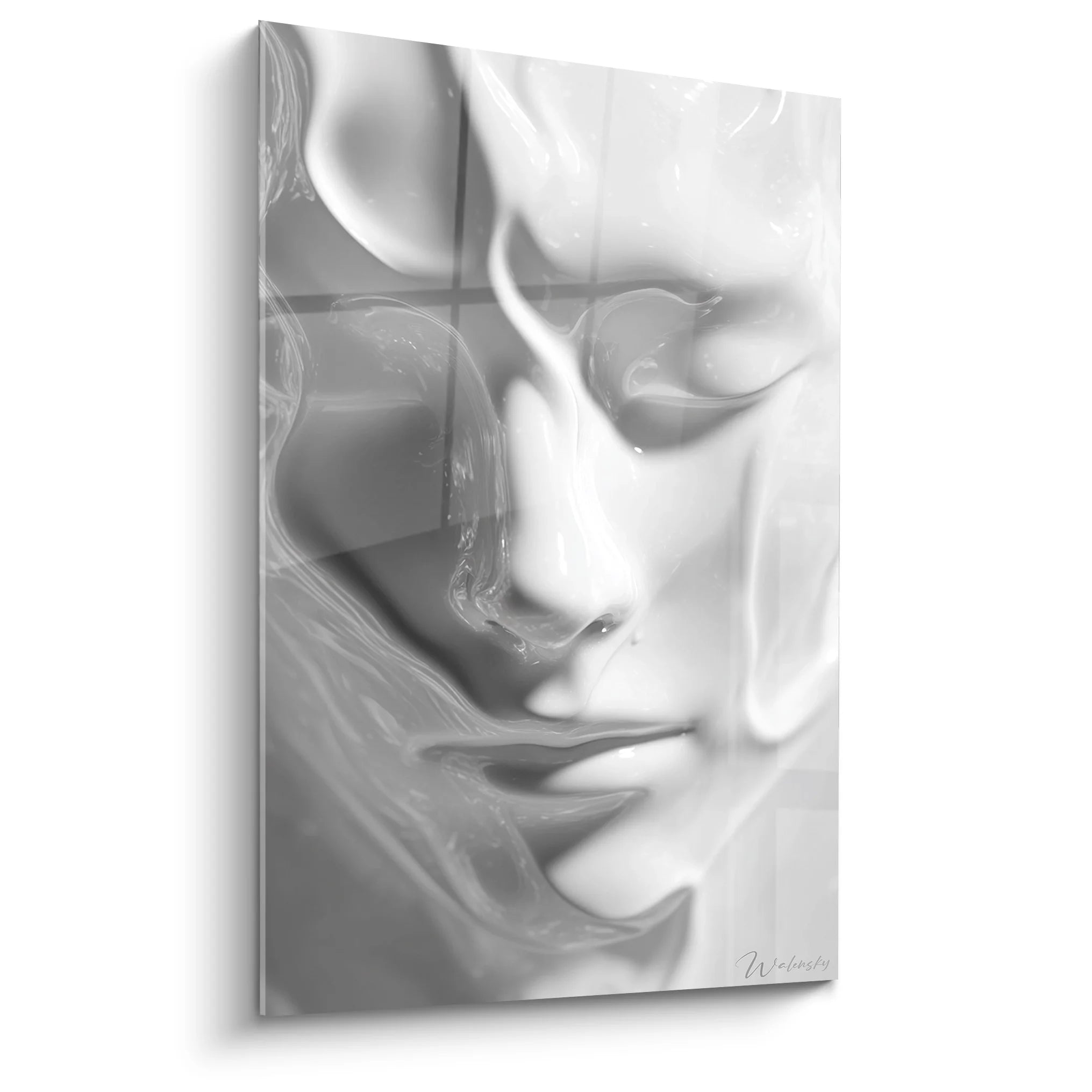 Tableau visage féminin recouvert plastique noir et blanc art contemporain décoration murale