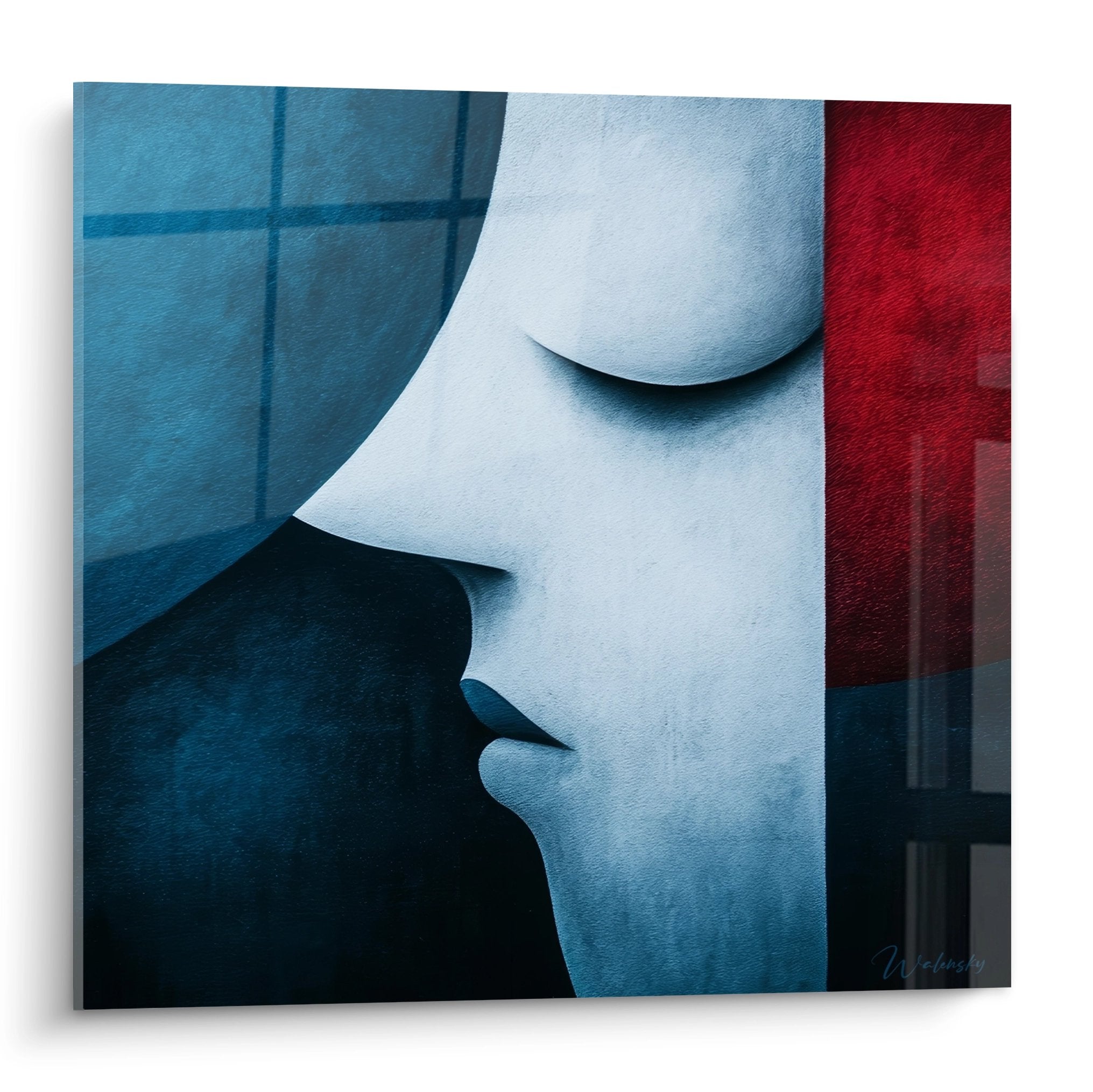 Tableau mural visage féminin profil géométrique abstrait tons bleus rouge décoration moderne