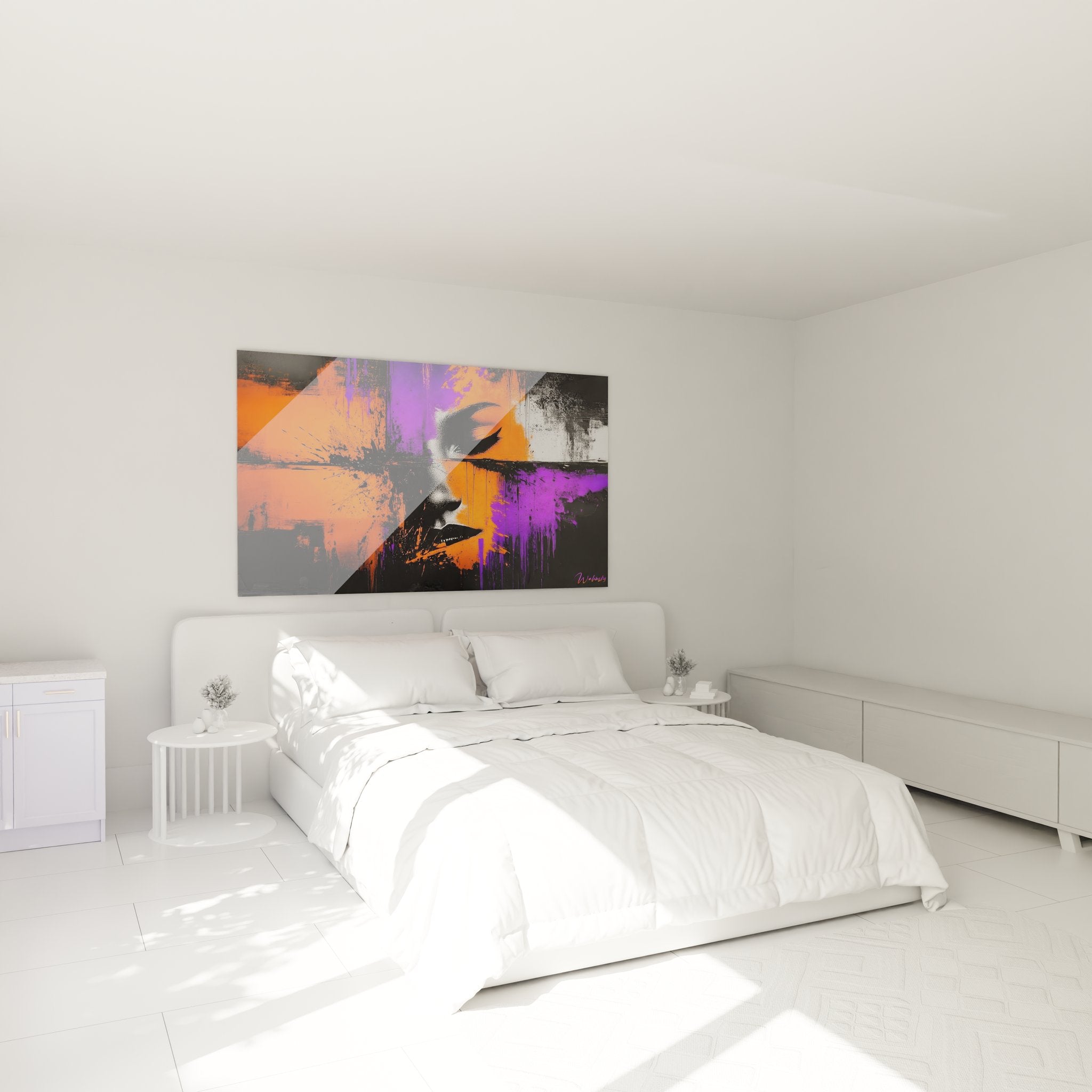 Tableau visage femme abstrait orange violet ambiance chambre décoration moderne murale contemporaine
